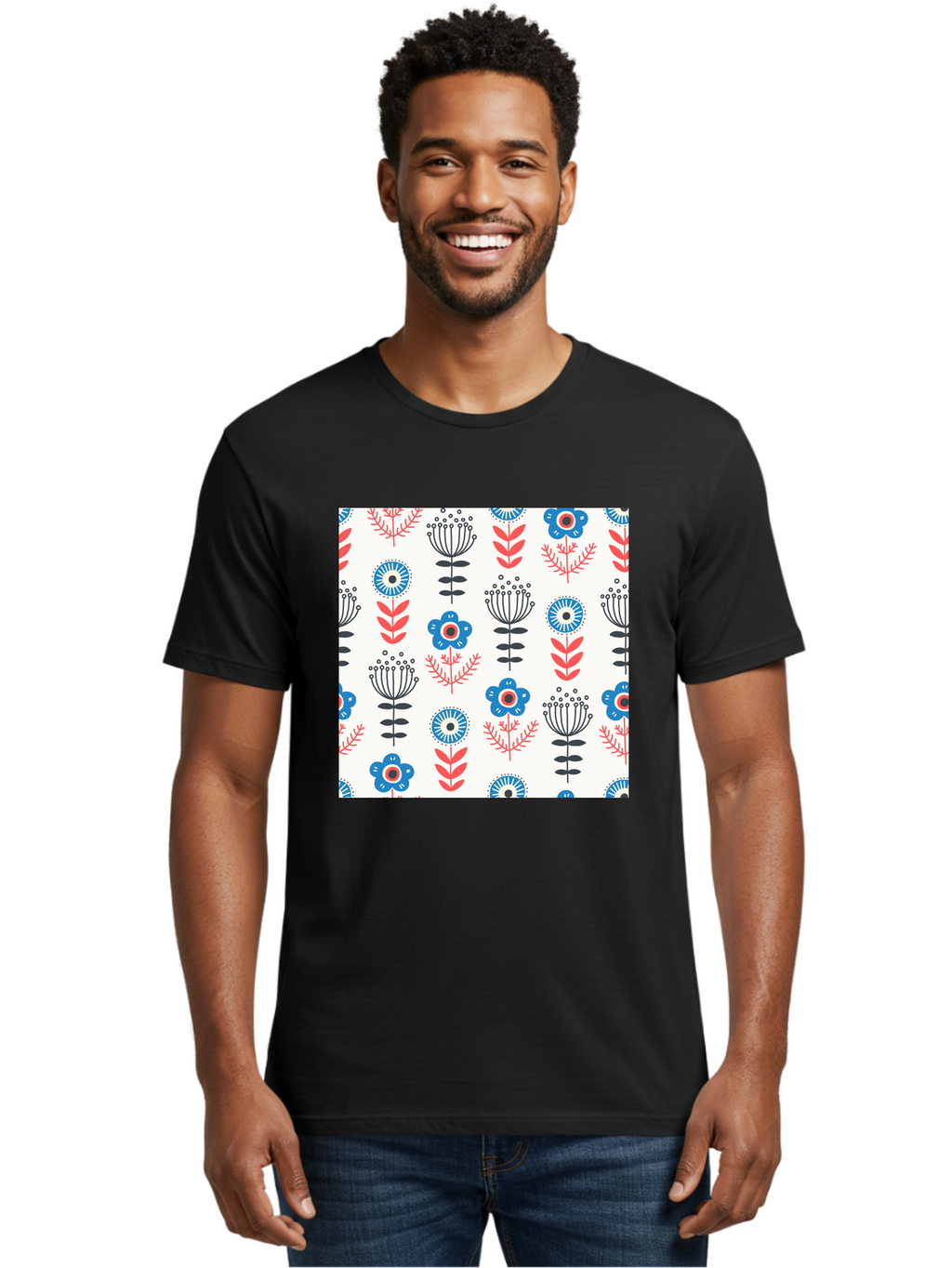 Floral-Pattern Men'S Graphic Tee, 100% Cotton, Comfortable Casual Summer Wear, Machine Washable, Floral Pattern, Blue Flowers, Red Leaves, Black Stems, Folk Art Style, Botanical Design, Vintage Inspiration, Abstract Flowers, Aab720