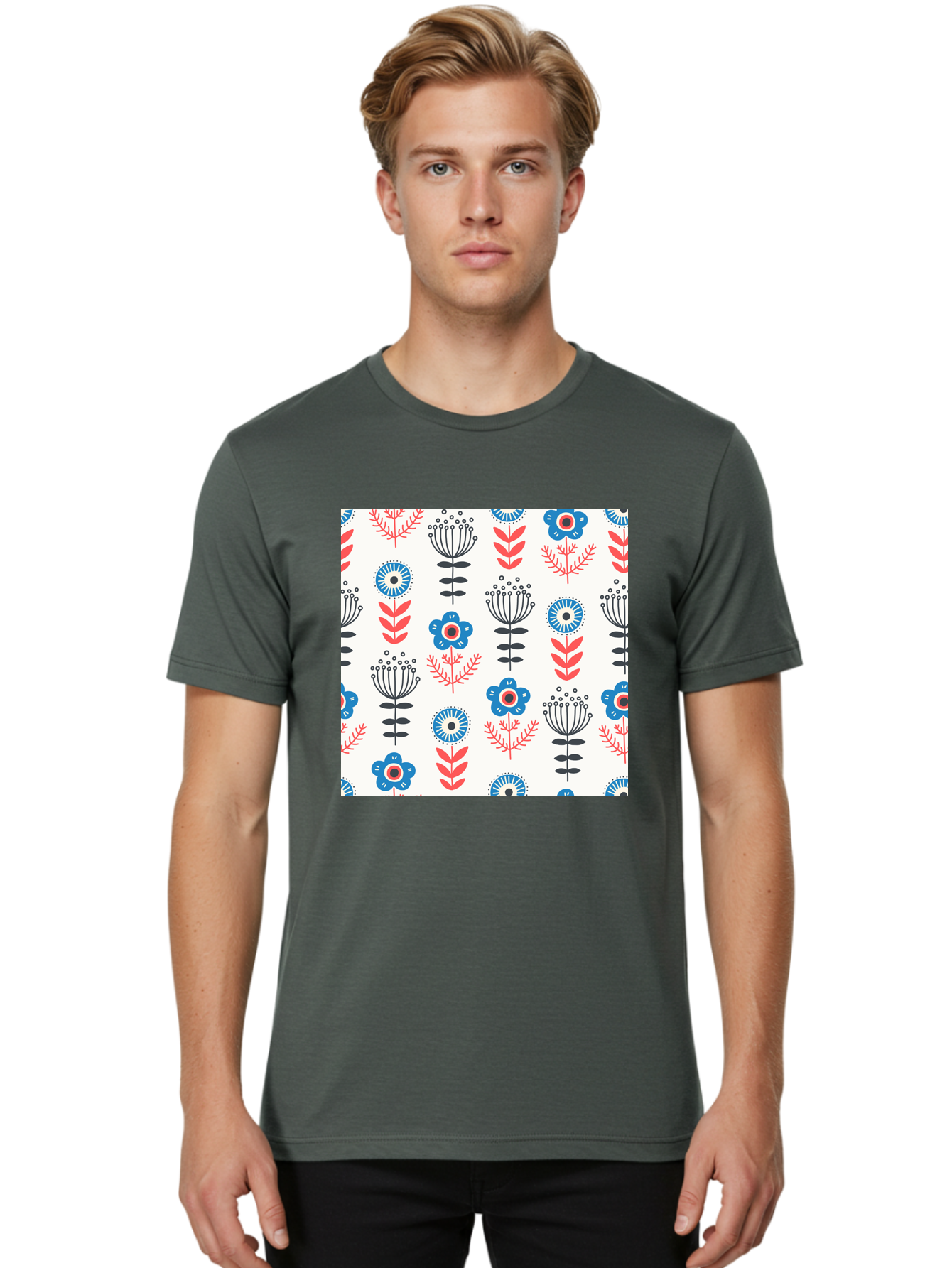 Floral-Pattern Men'S Graphic Tee, 100% Cotton, Comfortable Casual Summer Wear, Machine Washable, Floral Pattern, Blue Flowers, Red Leaves, Black Stems, Folk Art Style, Botanical Design, Vintage Inspiration, Abstract Flowers, Aab720