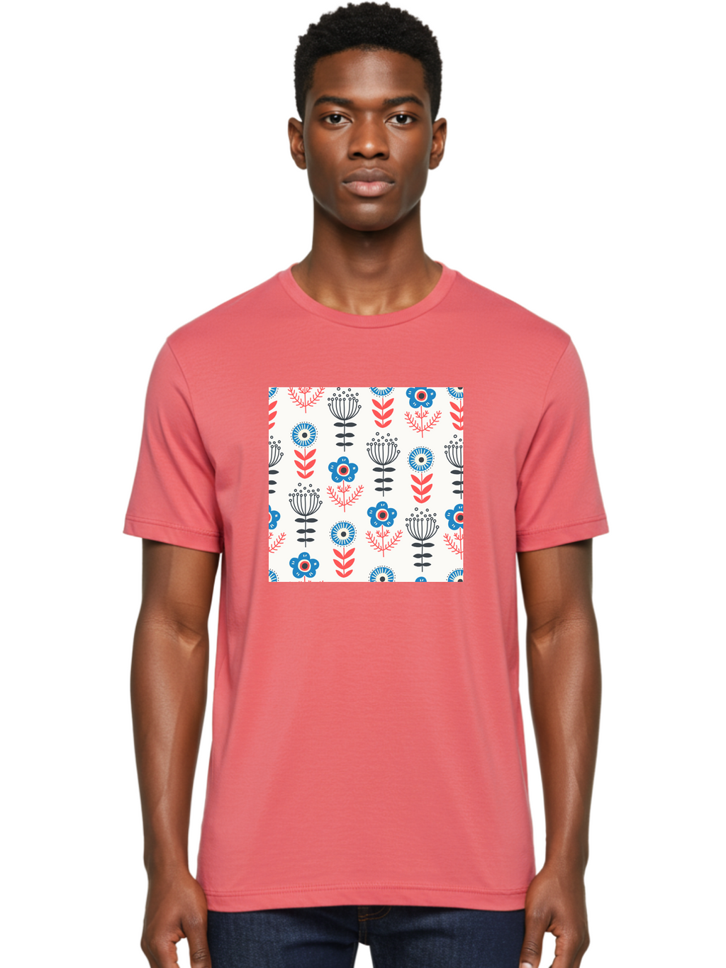Floral-Pattern Men'S Graphic Tee, 100% Cotton, Comfortable Casual Summer Wear, Machine Washable, Floral Pattern, Blue Flowers, Red Leaves, Black Stems, Folk Art Style, Botanical Design, Vintage Inspiration, Abstract Flowers, Aab720