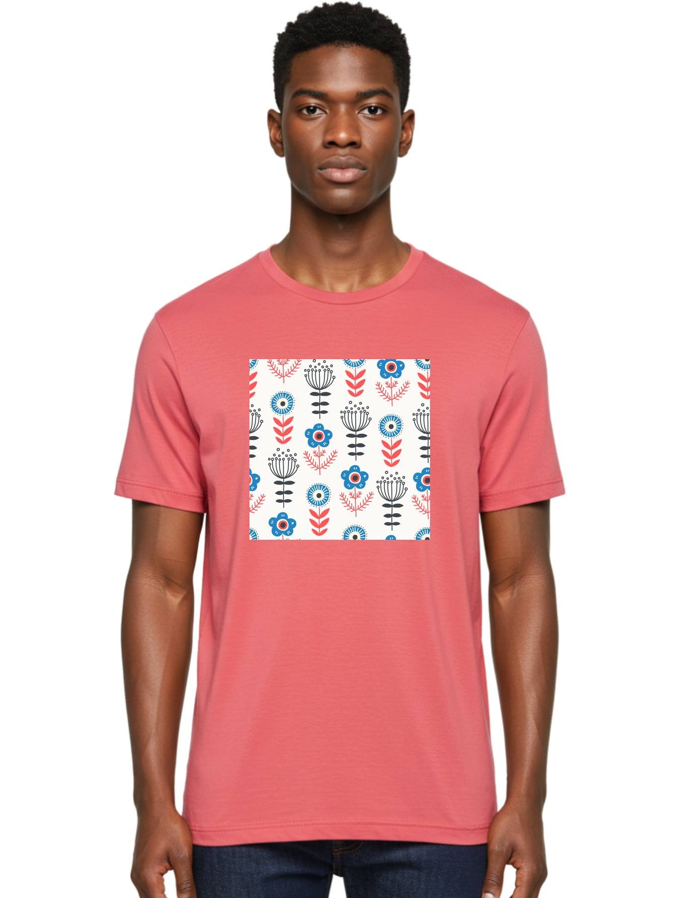 Floral-Pattern Men'S Graphic Tee, 100% Cotton, Comfortable Casual Summer Wear, Machine Washable, Floral Pattern, Blue Flowers, Red Leaves, Black Stems, Folk Art Style, Botanical Design, Vintage Inspiration, Abstract Flowers, Aab720