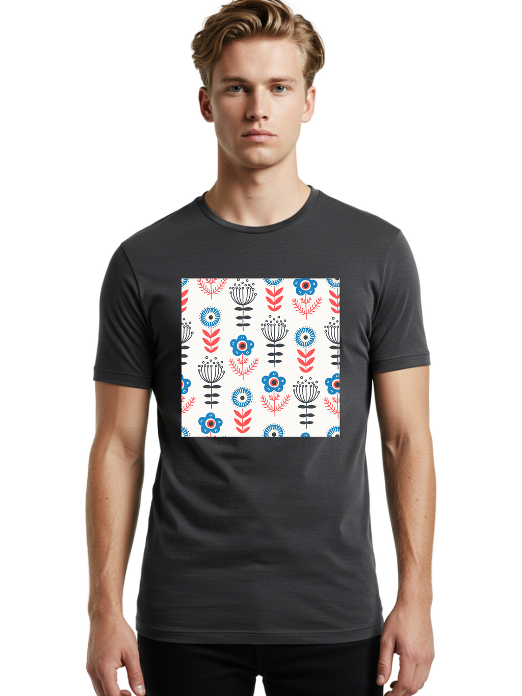 Floral-Pattern Men'S Graphic Tee, 100% Cotton, Comfortable Casual Summer Wear, Machine Washable, Floral Pattern, Blue Flowers, Red Leaves, Black Stems, Folk Art Style, Botanical Design, Vintage Inspiration, Abstract Flowers, Aab720