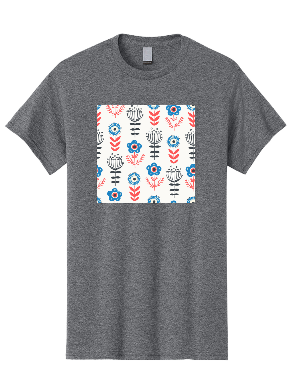 Floral-Pattern Men'S Graphic Tee, 100% Cotton, Comfortable Casual Summer Wear, Machine Washable, Floral Pattern, Blue Flowers, Red Leaves, Black Stems, Folk Art Style, Botanical Design, Vintage Inspiration, Abstract Flowers, Aab720