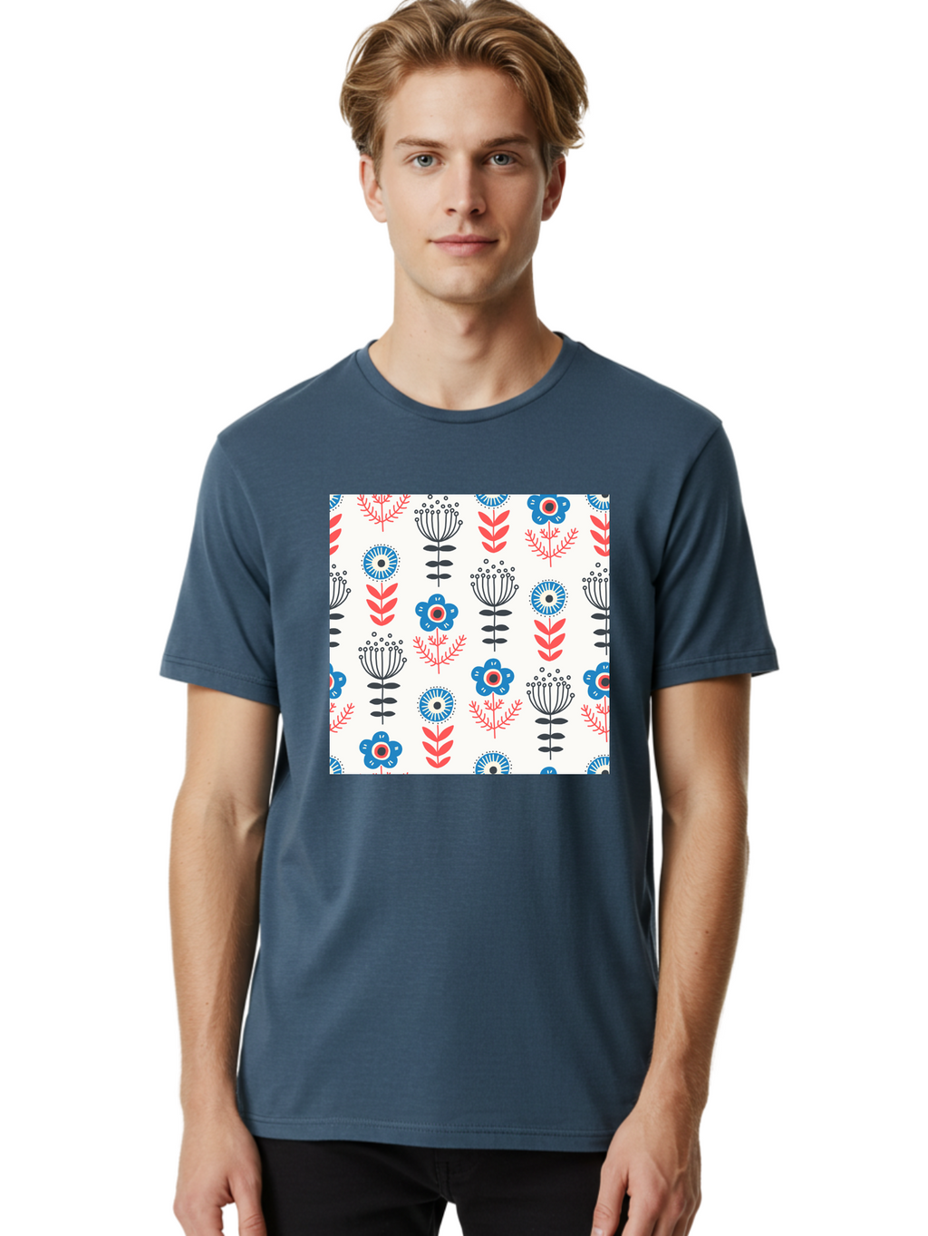 Floral-Pattern Men'S Graphic Tee, 100% Cotton, Comfortable Casual Summer Wear, Machine Washable, Floral Pattern, Blue Flowers, Red Leaves, Black Stems, Folk Art Style, Botanical Design, Vintage Inspiration, Abstract Flowers, Aab720
