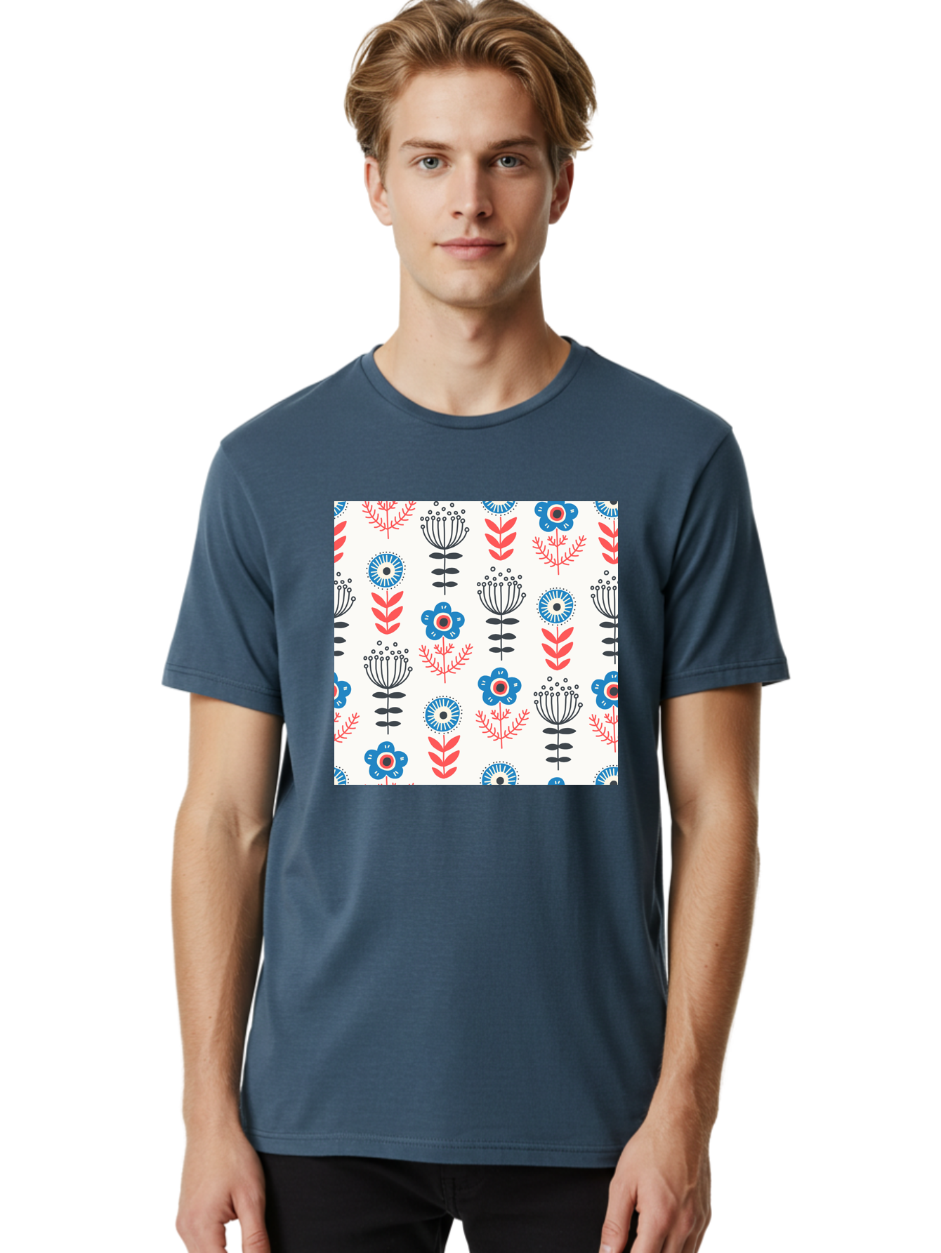 Floral-Pattern Men'S Graphic Tee, 100% Cotton, Comfortable Casual Summer Wear, Machine Washable, Floral Pattern, Blue Flowers, Red Leaves, Black Stems, Folk Art Style, Botanical Design, Vintage Inspiration, Abstract Flowers, Aab720