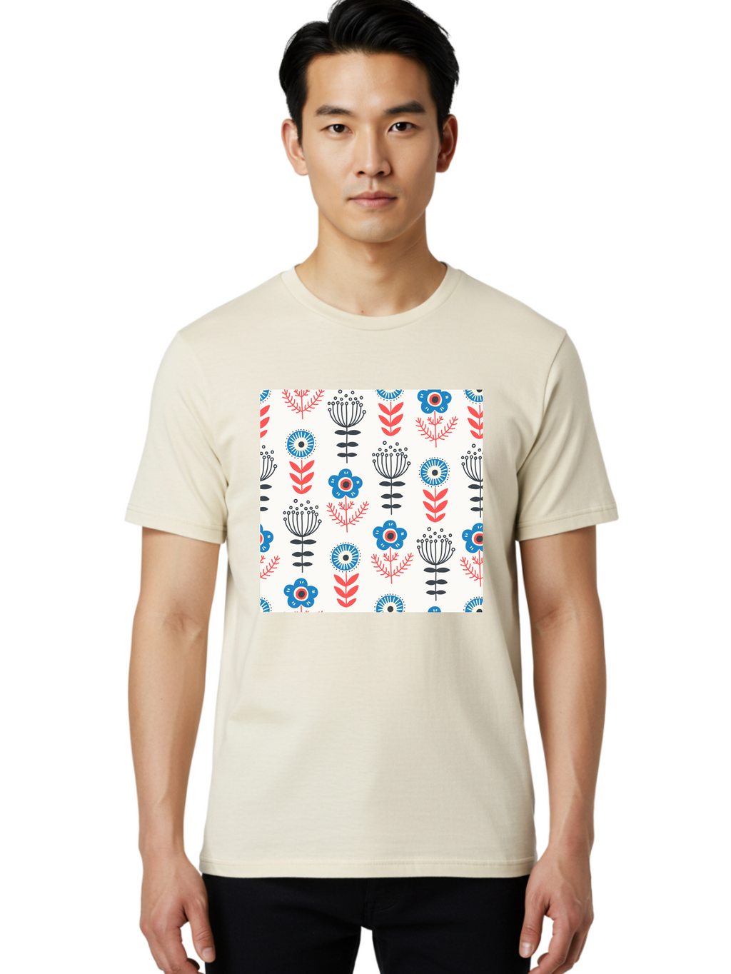 Floral-Pattern Men'S Graphic Tee, 100% Cotton, Comfortable Casual Summer Wear, Machine Washable, Floral Pattern, Blue Flowers, Red Leaves, Black Stems, Folk Art Style, Botanical Design, Vintage Inspiration, Abstract Flowers, Aab720
