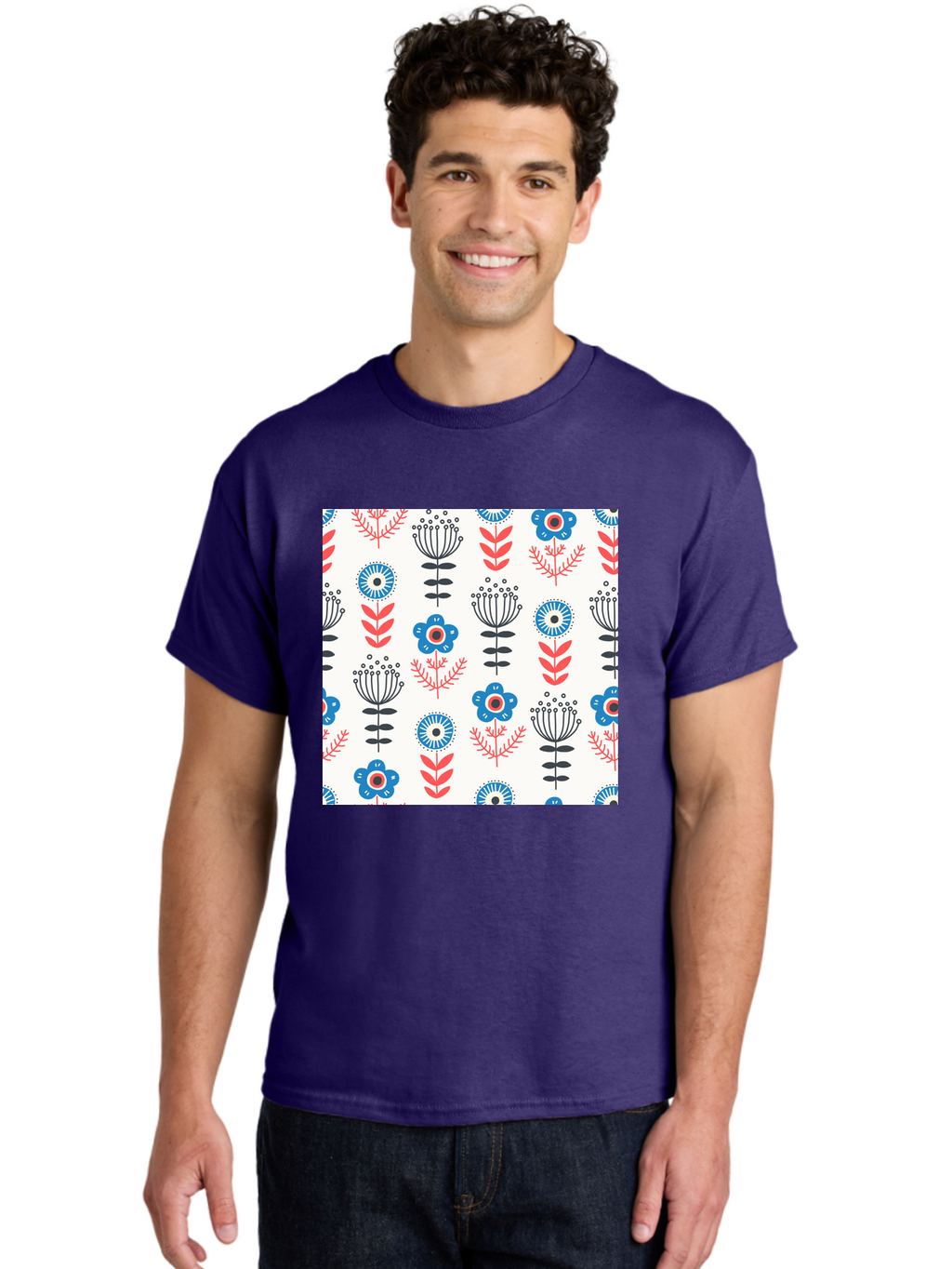 Floral-Pattern Men'S Graphic Tee, 100% Cotton, Comfortable Casual Summer Wear, Machine Washable, Floral Pattern, Blue Flowers, Red Leaves, Black Stems, Folk Art Style, Botanical Design, Vintage Inspiration, Abstract Flowers, Aab720