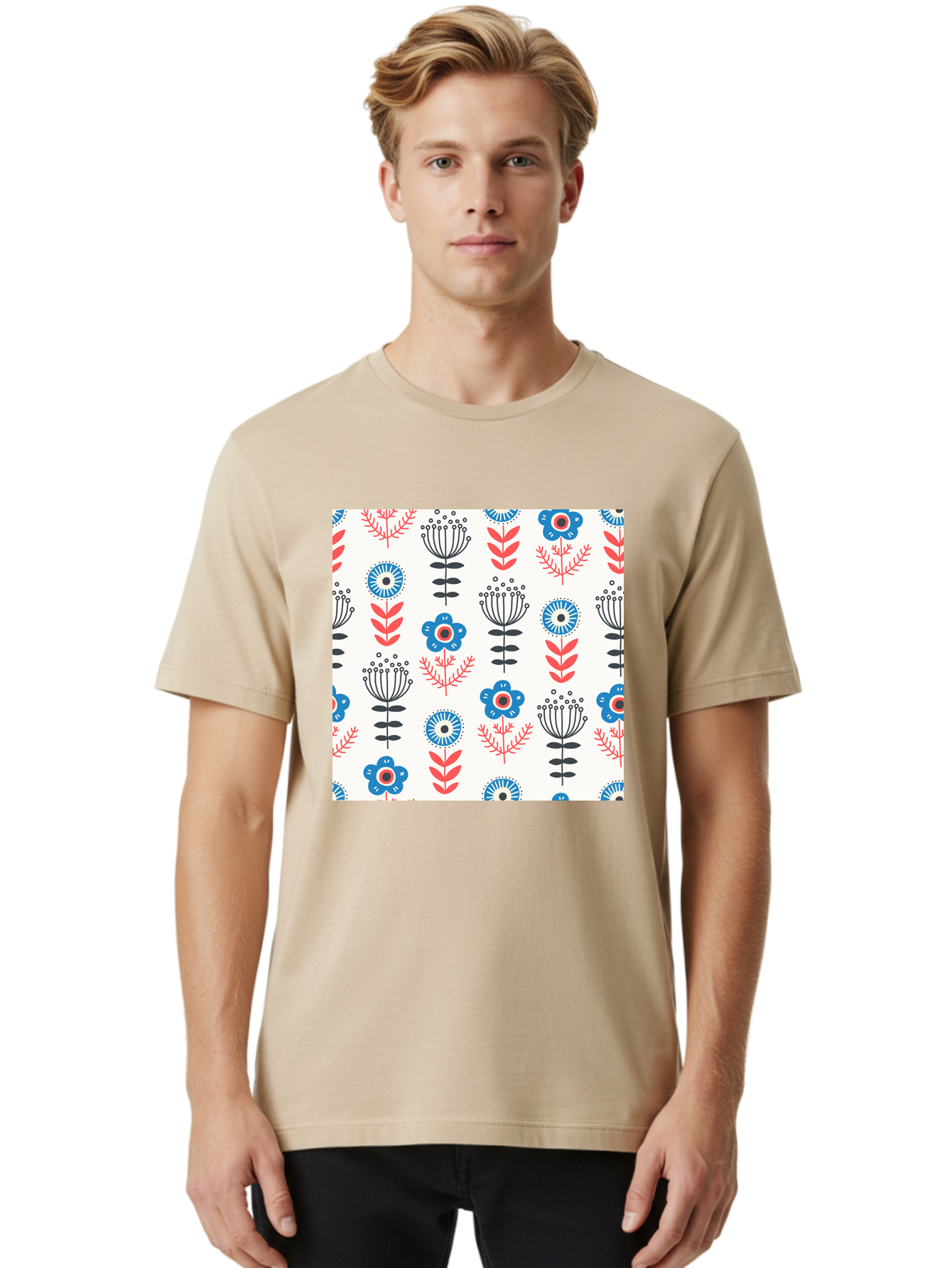 Floral-Pattern Men'S Graphic Tee, 100% Cotton, Comfortable Casual Summer Wear, Machine Washable, Floral Pattern, Blue Flowers, Red Leaves, Black Stems, Folk Art Style, Botanical Design, Vintage Inspiration, Abstract Flowers, Aab720