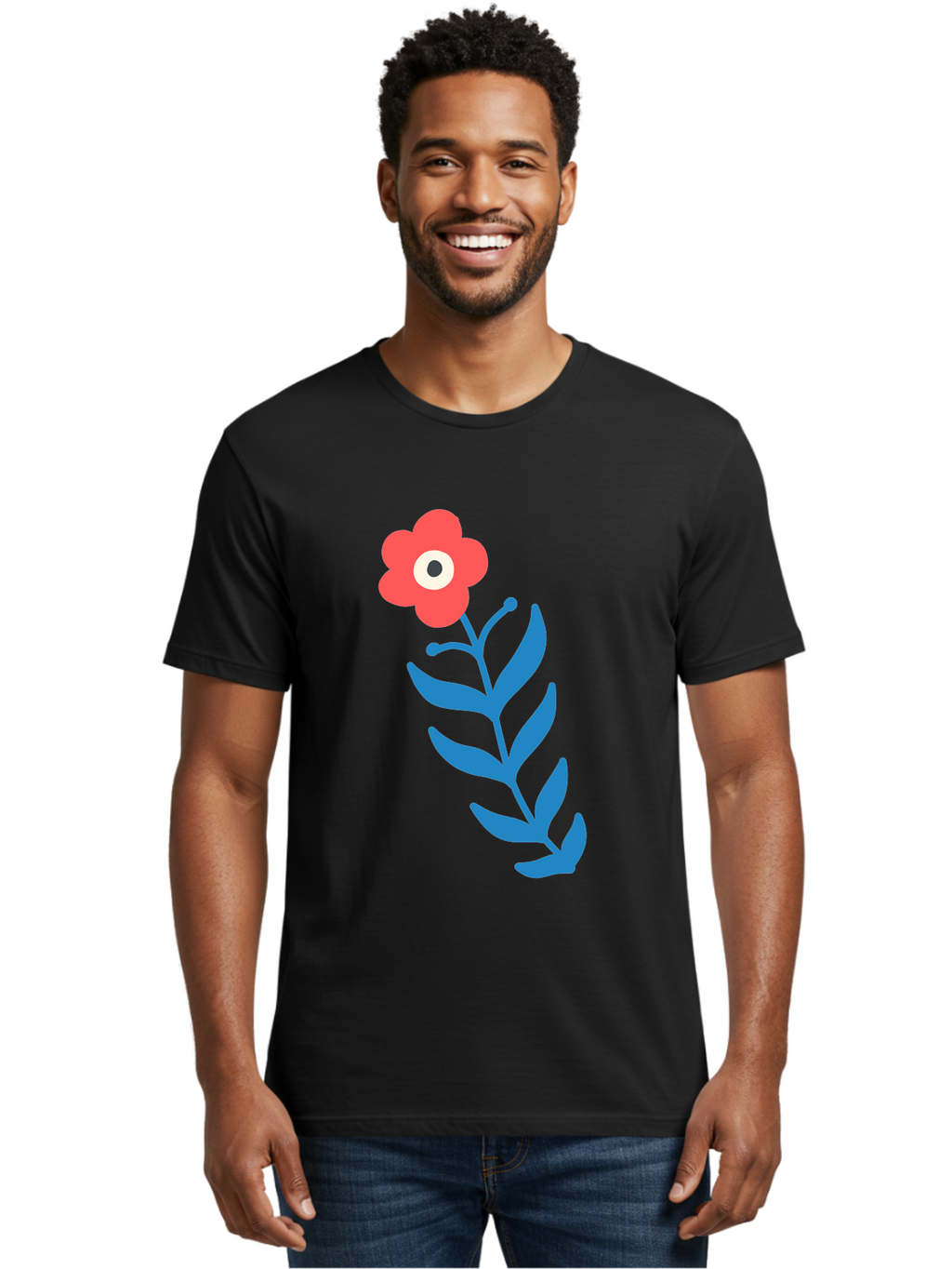 Flower-1 Men'S Graphic Tee, 100% Cotton, Comfortable Casual Summer Wear, Machine Washable, Pink Flower With Eye, Surreal Art, Abstract Design, Vibrant Petals, Blue Leaves, Minimalist Style, Quirky Illustration, Contemporary Artistry Aab721