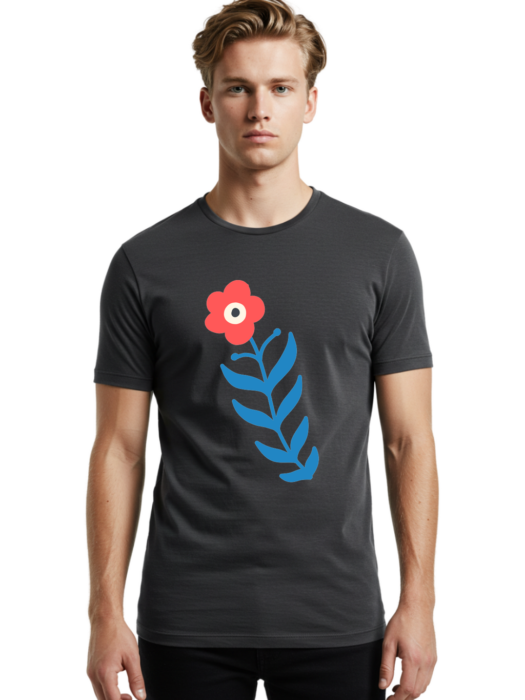 Flower-1 Men'S Graphic Tee, 100% Cotton, Comfortable Casual Summer Wear, Machine Washable, Pink Flower With Eye, Surreal Art, Abstract Design, Vibrant Petals, Blue Leaves, Minimalist Style, Quirky Illustration, Contemporary Artistry Aab721