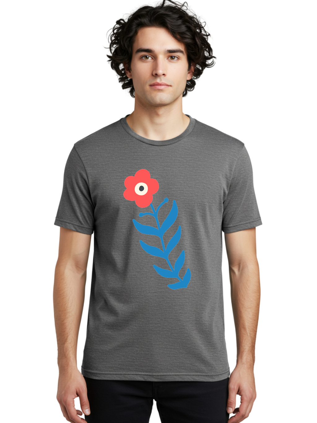 Flower-1 Men'S Graphic Tee, 100% Cotton, Comfortable Casual Summer Wear, Machine Washable, Pink Flower With Eye, Surreal Art, Abstract Design, Vibrant Petals, Blue Leaves, Minimalist Style, Quirky Illustration, Contemporary Artistry Aab721