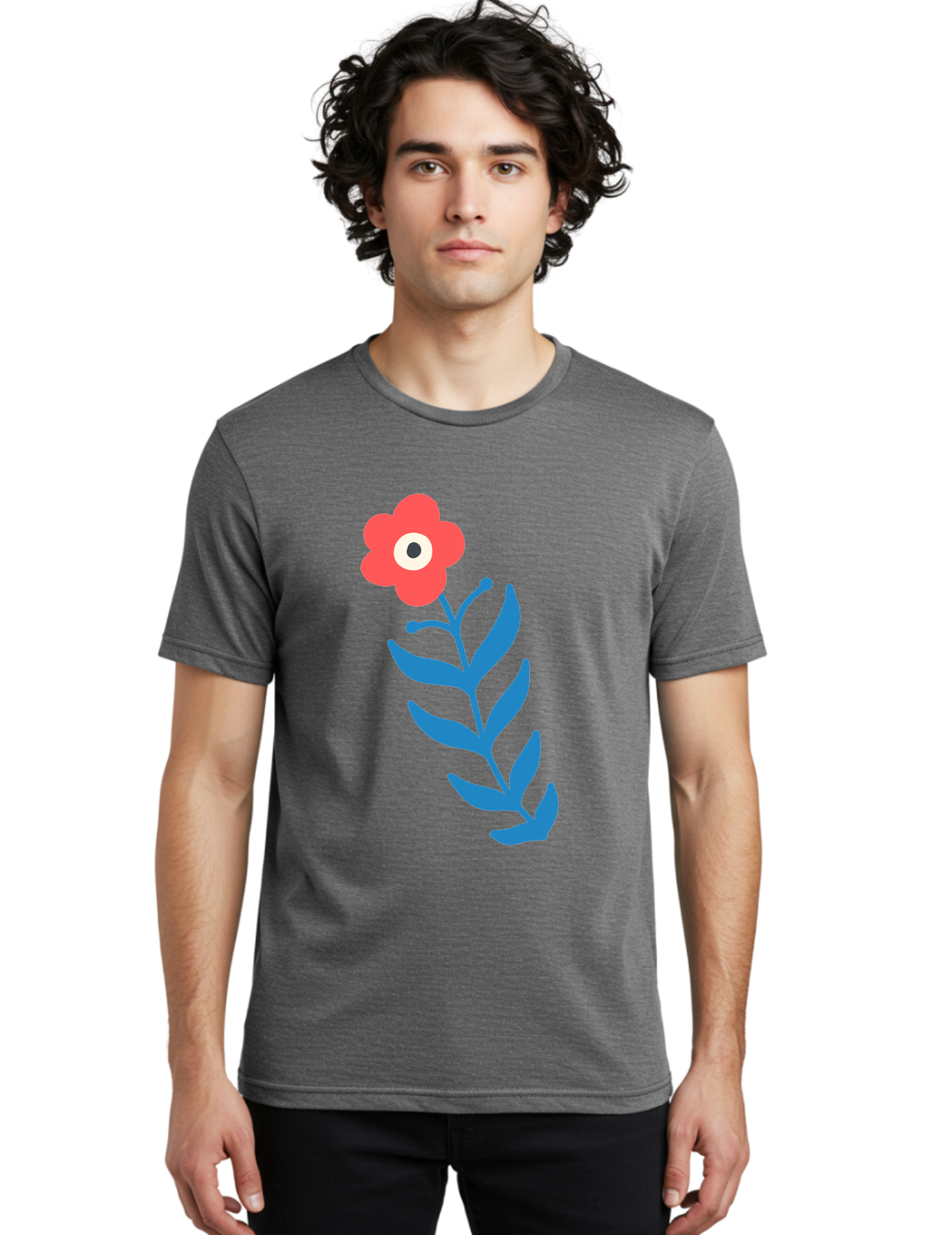 Flower-1 Men'S Graphic Tee, 100% Cotton, Comfortable Casual Summer Wear, Machine Washable, Pink Flower With Eye, Surreal Art, Abstract Design, Vibrant Petals, Blue Leaves, Minimalist Style, Quirky Illustration, Contemporary Artistry Aab721