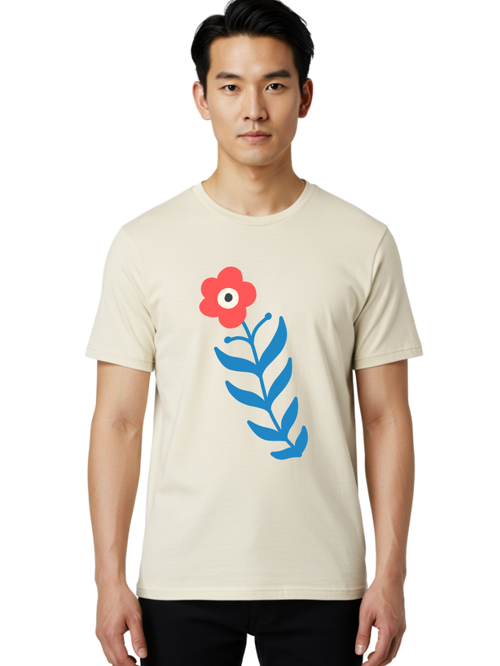 Flower-1 Men'S Graphic Tee, 100% Cotton, Comfortable Casual Summer Wear, Machine Washable, Pink Flower With Eye, Surreal Art, Abstract Design, Vibrant Petals, Blue Leaves, Minimalist Style, Quirky Illustration, Contemporary Artistry Aab721