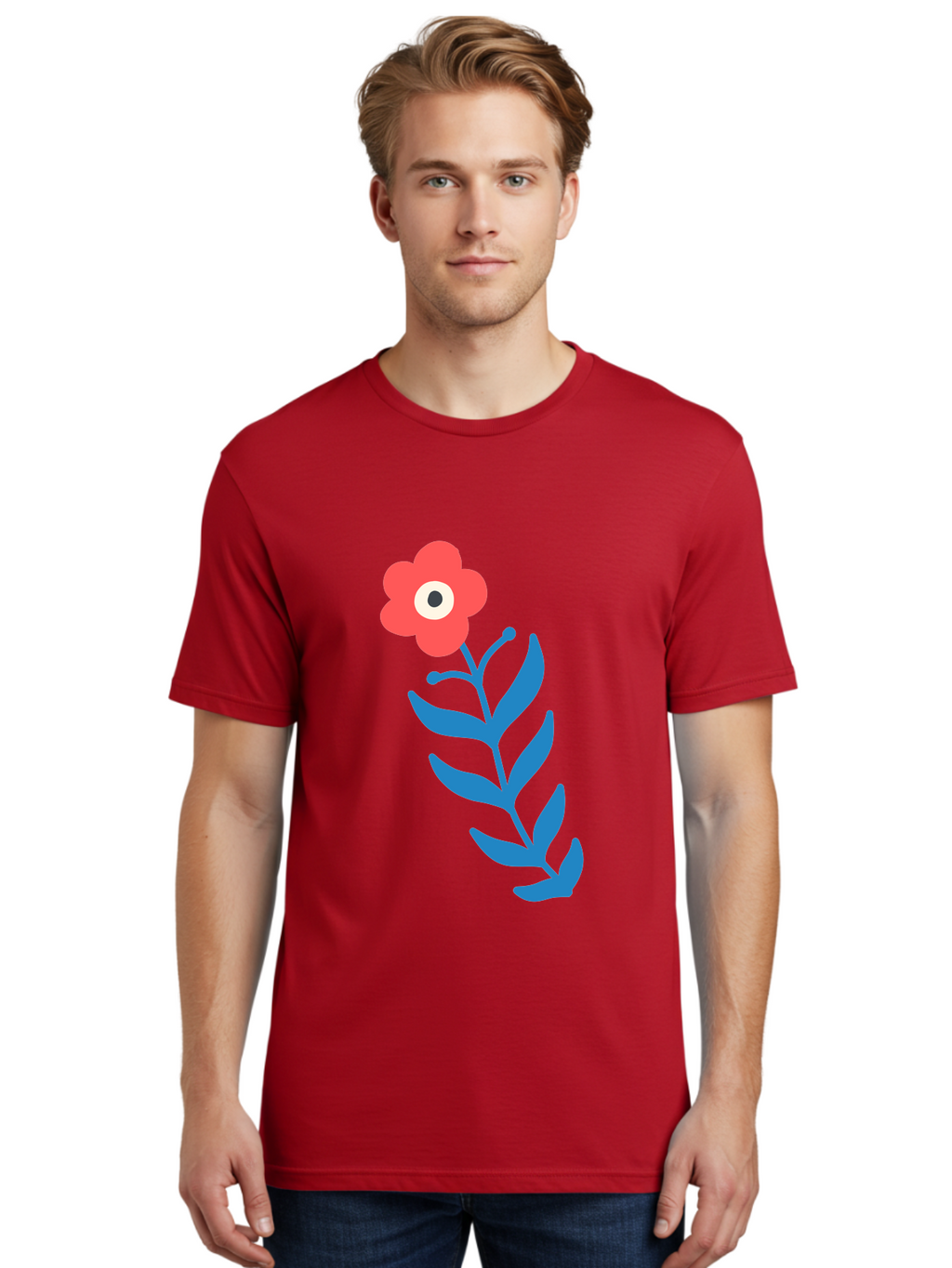 Flower-1 Men'S Graphic Tee, 100% Cotton, Comfortable Casual Summer Wear, Machine Washable, Pink Flower With Eye, Surreal Art, Abstract Design, Vibrant Petals, Blue Leaves, Minimalist Style, Quirky Illustration, Contemporary Artistry Aab721
