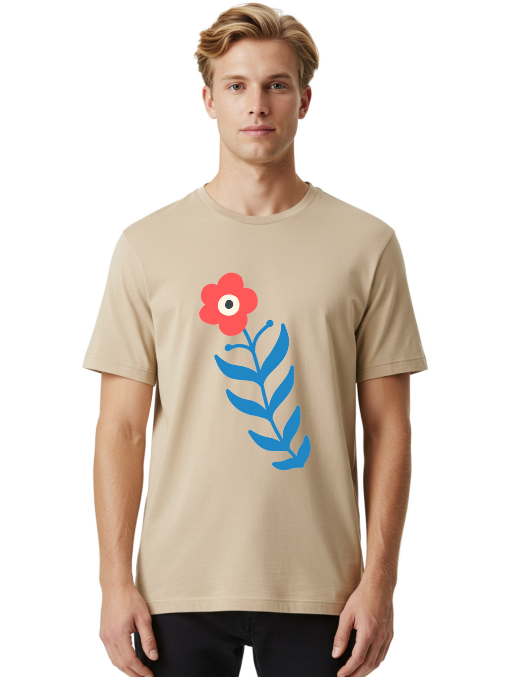 Flower-1 Men'S Graphic Tee, 100% Cotton, Comfortable Casual Summer Wear, Machine Washable, Pink Flower With Eye, Surreal Art, Abstract Design, Vibrant Petals, Blue Leaves, Minimalist Style, Quirky Illustration, Contemporary Artistry Aab721