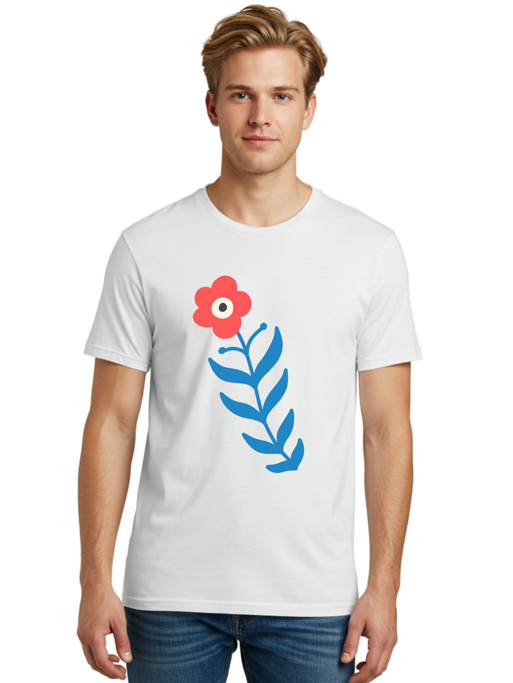 Flower-1 Men'S Graphic Tee, 100% Cotton, Comfortable Casual Summer Wear, Machine Washable, Pink Flower With Eye, Surreal Art, Abstract Design, Vibrant Petals, Blue Leaves, Minimalist Style, Quirky Illustration, Contemporary Artistry Aab721