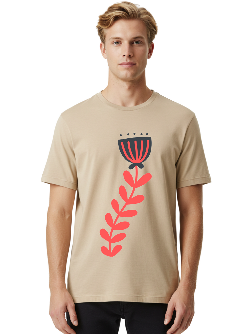 Flower-3 Men'S Graphic Tee, 100% Cotton, Comfortable Casual Summer Wear, Machine Washable, Simple Flower Illustration, Pink And Black Flower, Minimalist Design, Bold Lines, Graphic Art, Floral Motif, Modern Style Aab723