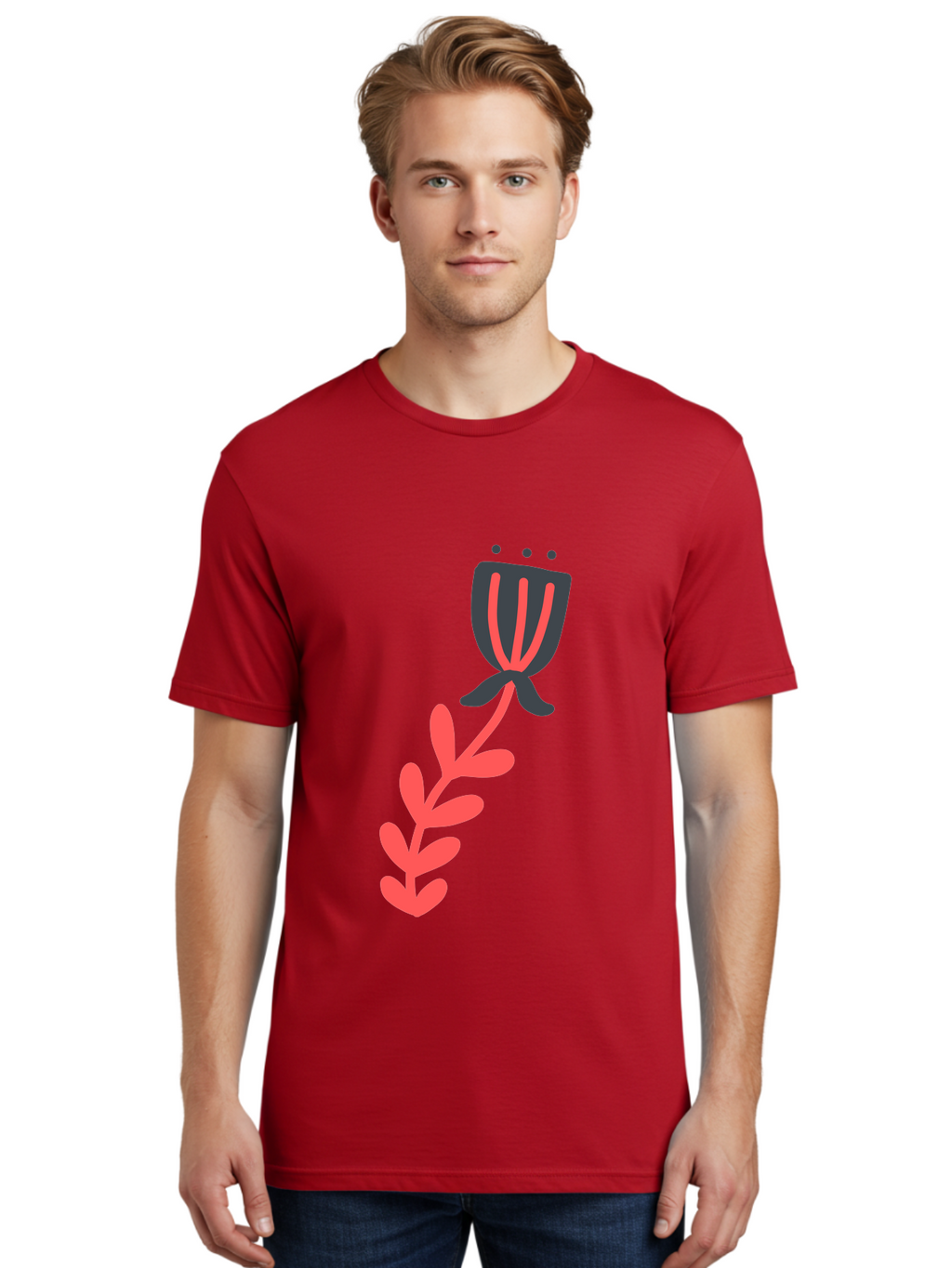 Flower-4 Men'S Graphic Tee, 100% Cotton, Comfortable Casual Summer Wear, Machine Washable, Stylized Tulip, Simple Design, Minimalist Art, Pink And Black, Floral Theme, Abstract Flower Aab724