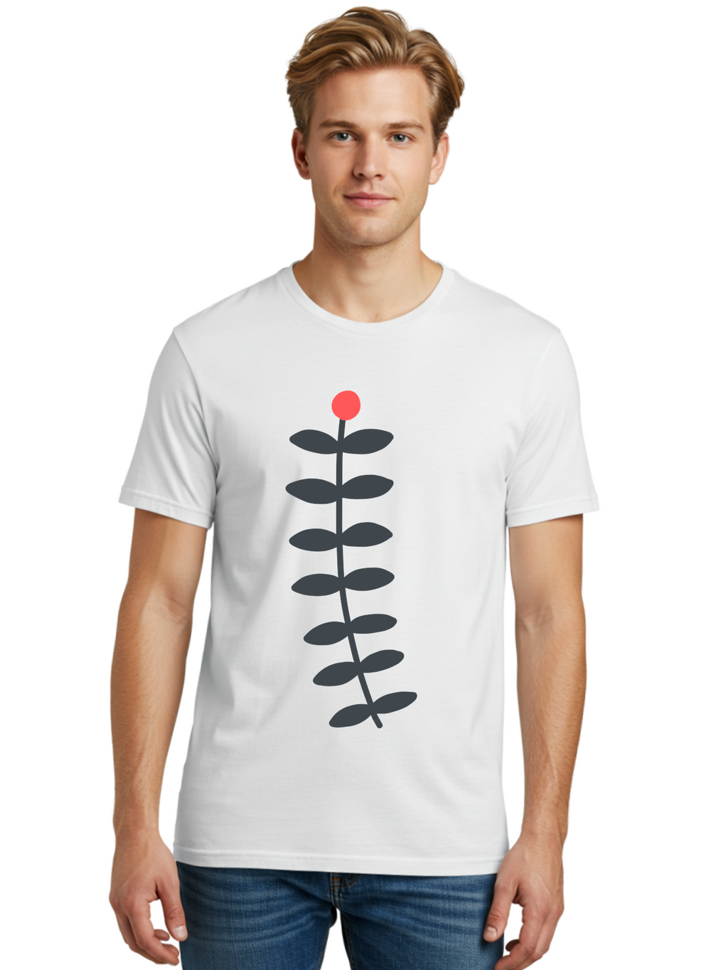 Flower-5 Men'S Graphic Tee, 100% Cotton, Comfortable Casual Summer Wear, Machine Washable, Simple Flower Illustration, Red Bloom, Dark Green Leaves, Minimalist Design, Botanical Art, Floral Graphic Aab725
