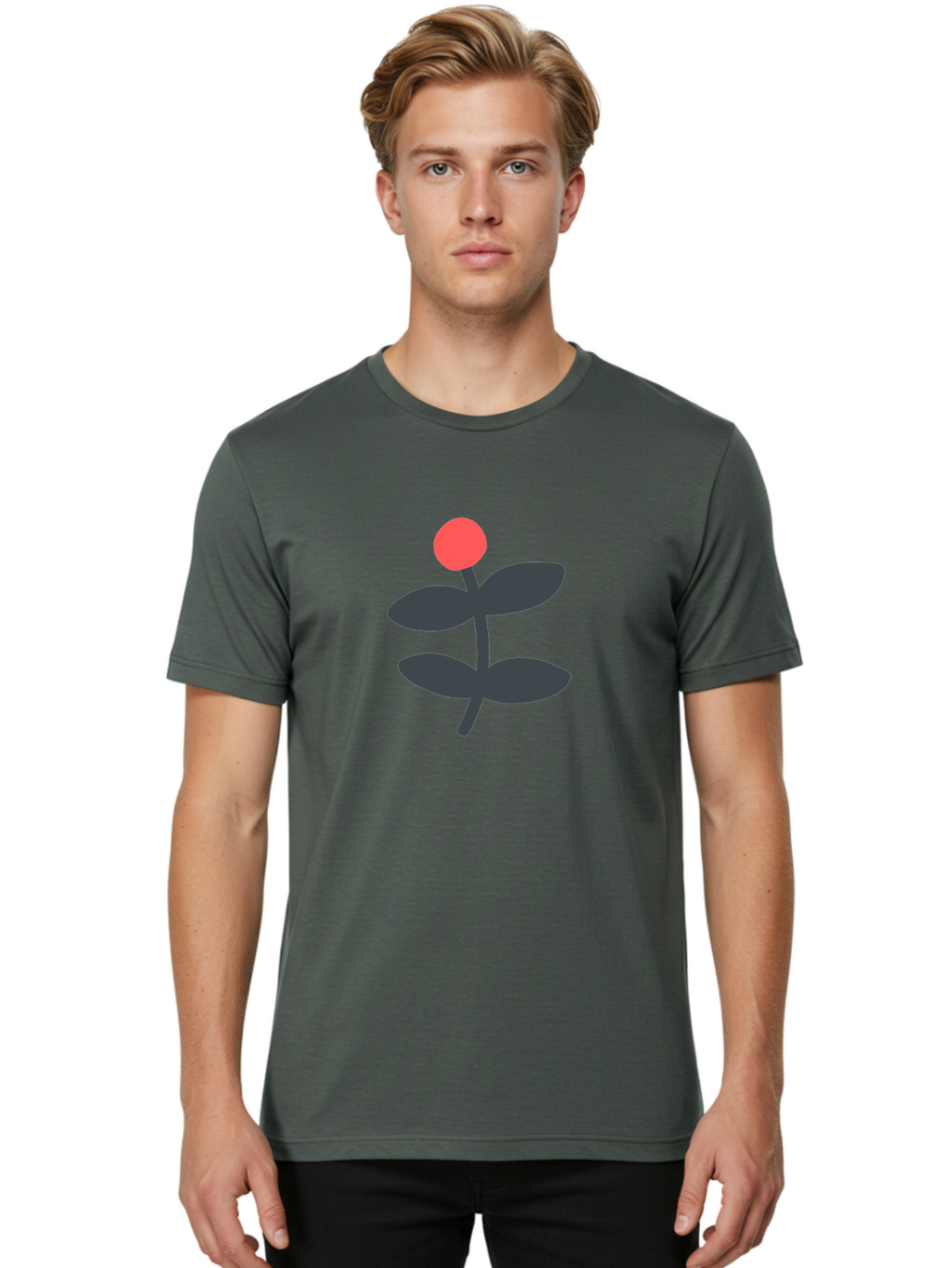 Flower-6 Men'S Graphic Tee, 100% Cotton, Comfortable Casual Summer Wear, Machine Washable, Simple Flower Illustration, Red Bud, Dark Grey Leaves, Minimalist Design, Modern Floral Art, Graphic Illustration, Bold Colors Aab726