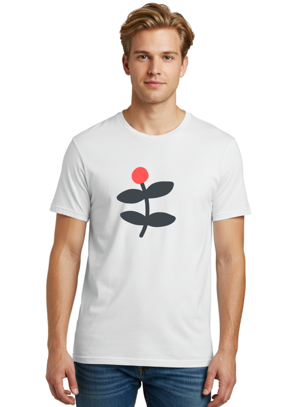 Flower-6 Men'S Graphic Tee, 100% Cotton, Comfortable Casual Summer Wear, Machine Washable, Simple Flower Illustration, Red Bud, Dark Grey Leaves, Minimalist Design, Modern Floral Art, Graphic Illustration, Bold Colors Aab726