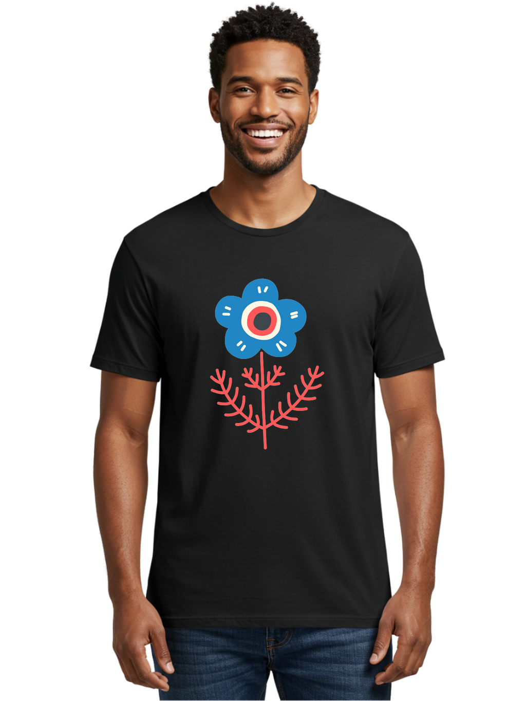 Flower-7 Men'S Graphic Tee, 100% Cotton, Comfortable Casual Summer Wear, Machine Washable, Stylized Flower, Blue Petals, Red And White Center, Pink Leaves, Simple Design, Modern Art, Minimalist Aesthetic, Floral Motif, Abstract Representation Aab727