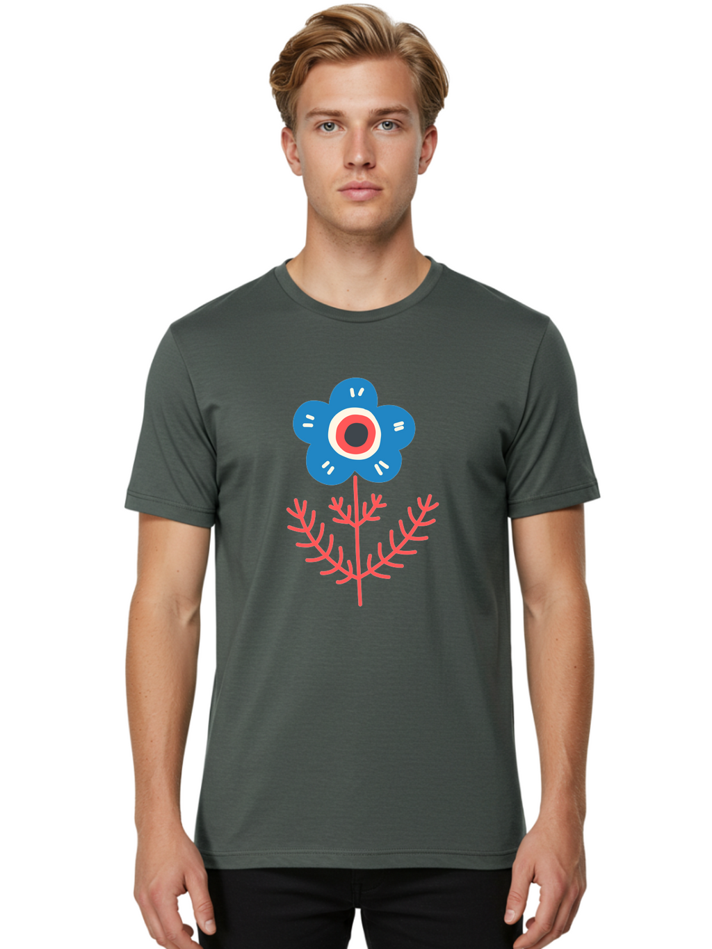 Flower-7 Men'S Graphic Tee, 100% Cotton, Comfortable Casual Summer Wear, Machine Washable, Stylized Flower, Blue Petals, Red And White Center, Pink Leaves, Simple Design, Modern Art, Minimalist Aesthetic, Floral Motif, Abstract Representation Aab727