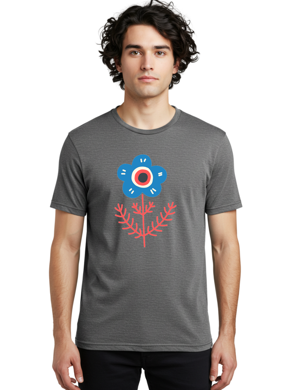 Flower-7 Men'S Graphic Tee, 100% Cotton, Comfortable Casual Summer Wear, Machine Washable, Stylized Flower, Blue Petals, Red And White Center, Pink Leaves, Simple Design, Modern Art, Minimalist Aesthetic, Floral Motif, Abstract Representation Aab727