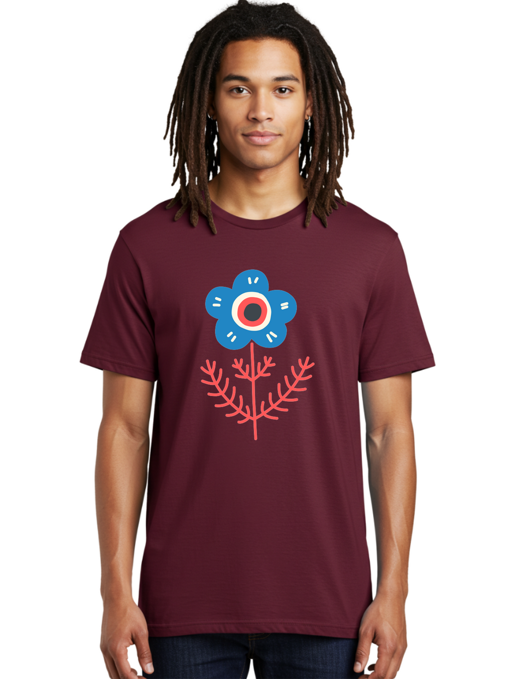 Flower-7 Men'S Graphic Tee, 100% Cotton, Comfortable Casual Summer Wear, Machine Washable, Stylized Flower, Blue Petals, Red And White Center, Pink Leaves, Simple Design, Modern Art, Minimalist Aesthetic, Floral Motif, Abstract Representation Aab727