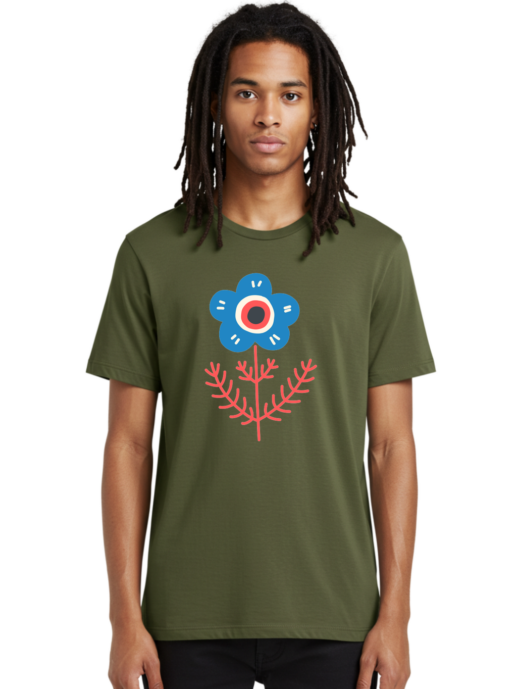 Flower-7 Men'S Graphic Tee, 100% Cotton, Comfortable Casual Summer Wear, Machine Washable, Stylized Flower, Blue Petals, Red And White Center, Pink Leaves, Simple Design, Modern Art, Minimalist Aesthetic, Floral Motif, Abstract Representation Aab727