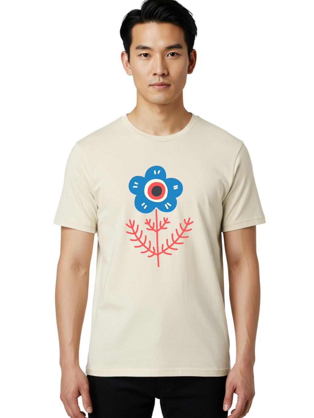 Flower-7 Men'S Graphic Tee, 100% Cotton, Comfortable Casual Summer Wear, Machine Washable, Stylized Flower, Blue Petals, Red And White Center, Pink Leaves, Simple Design, Modern Art, Minimalist Aesthetic, Floral Motif, Abstract Representation Aab727