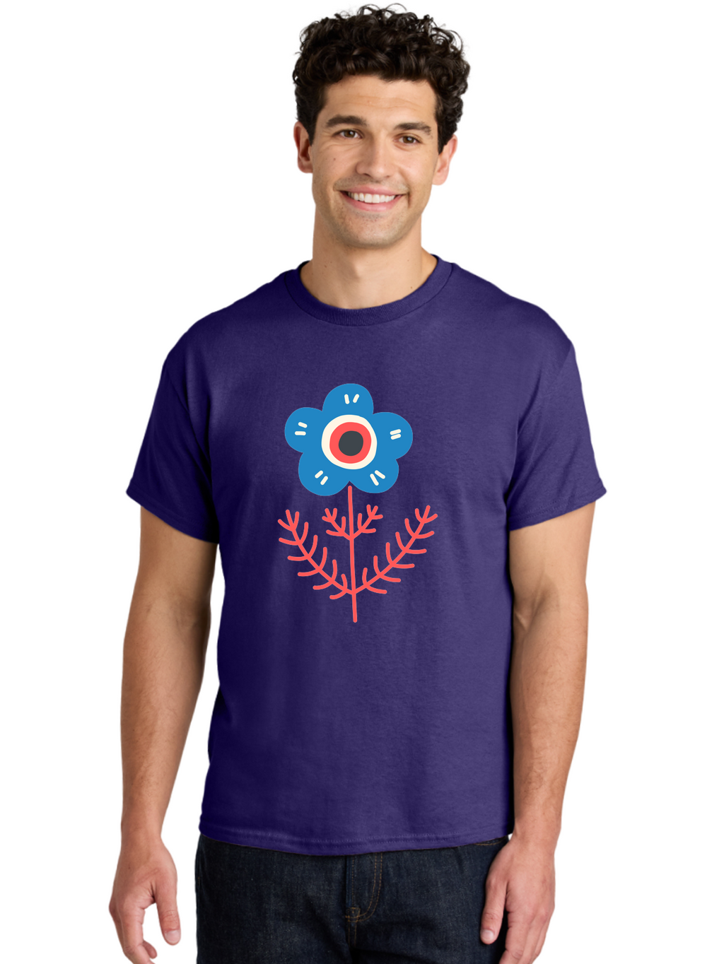 Flower-7 Men'S Graphic Tee, 100% Cotton, Comfortable Casual Summer Wear, Machine Washable, Stylized Flower, Blue Petals, Red And White Center, Pink Leaves, Simple Design, Modern Art, Minimalist Aesthetic, Floral Motif, Abstract Representation Aab727