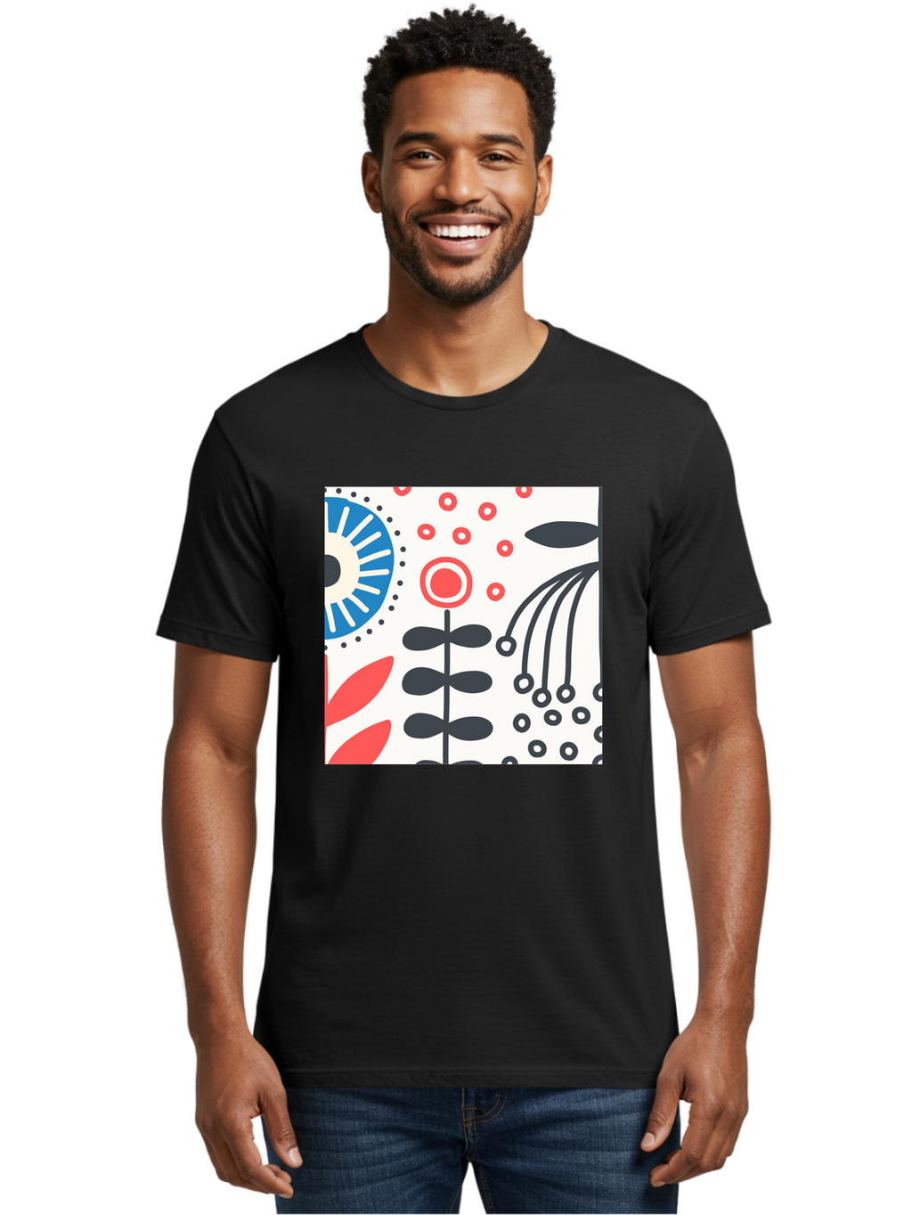 Flower-Design Men'S Graphic Tee, 100% Cotton, Comfortable Casual Summer Wear, Machine Washable, Abstract Floral Pattern, Minimalist Design, Bold Graphics, Modern Art, Floral Motifs, Red And Black Accents, Stylized Flowers, Geometric Shapes, Aab728