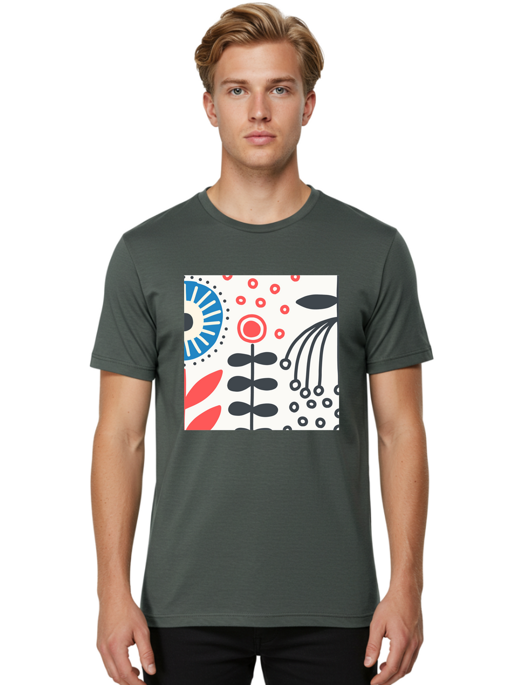 Flower-Design Men'S Graphic Tee, 100% Cotton, Comfortable Casual Summer Wear, Machine Washable, Abstract Floral Pattern, Minimalist Design, Bold Graphics, Modern Art, Floral Motifs, Red And Black Accents, Stylized Flowers, Geometric Shapes, Aab728
