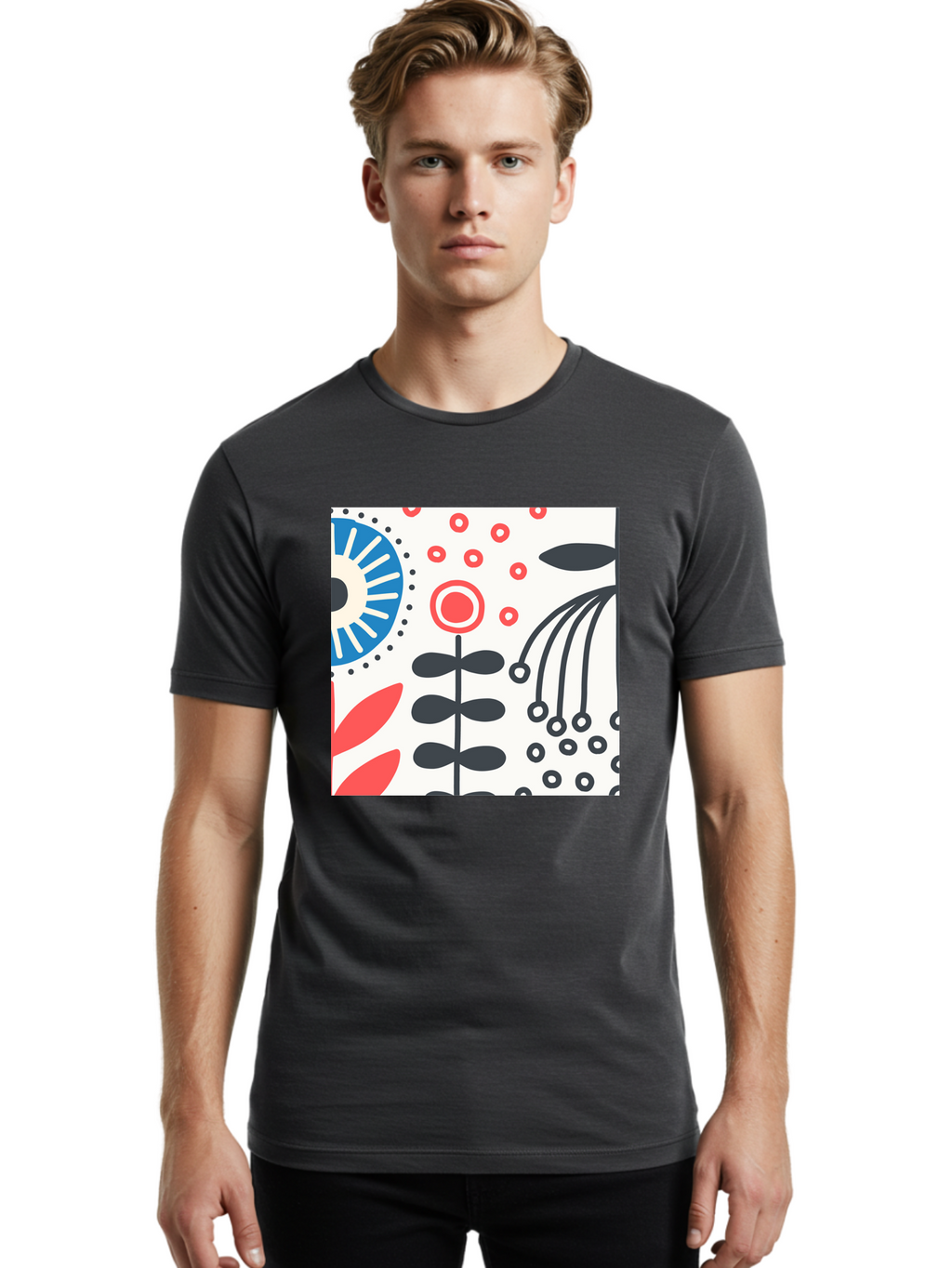 Flower-Design Men'S Graphic Tee, 100% Cotton, Comfortable Casual Summer Wear, Machine Washable, Abstract Floral Pattern, Minimalist Design, Bold Graphics, Modern Art, Floral Motifs, Red And Black Accents, Stylized Flowers, Geometric Shapes, Aab728