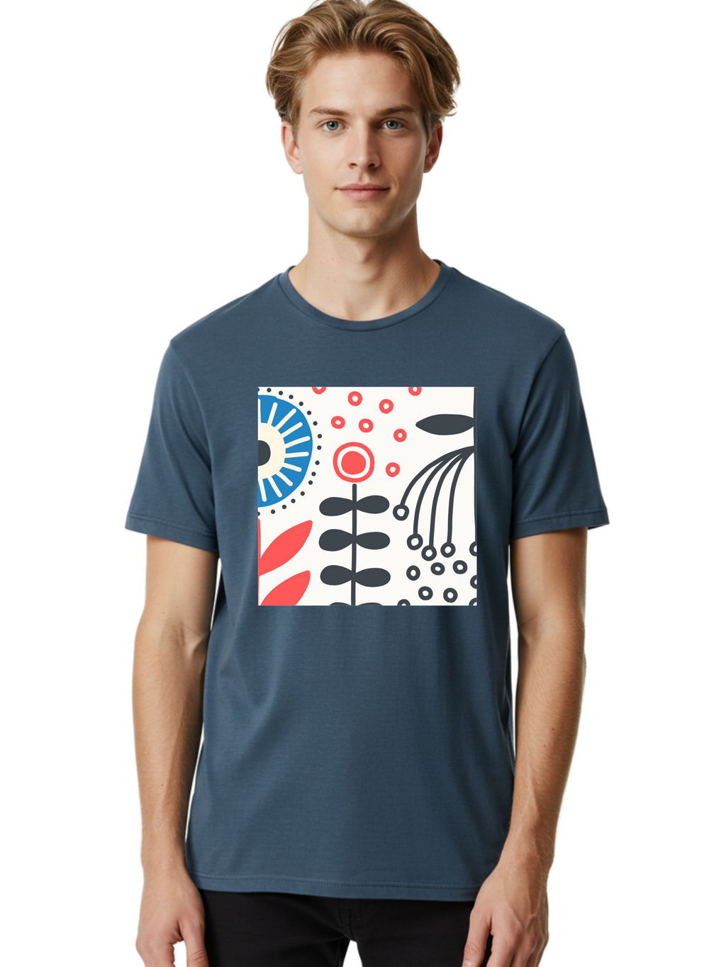 Flower-Design Men'S Graphic Tee, 100% Cotton, Comfortable Casual Summer Wear, Machine Washable, Abstract Floral Pattern, Minimalist Design, Bold Graphics, Modern Art, Floral Motifs, Red And Black Accents, Stylized Flowers, Geometric Shapes, Aab728