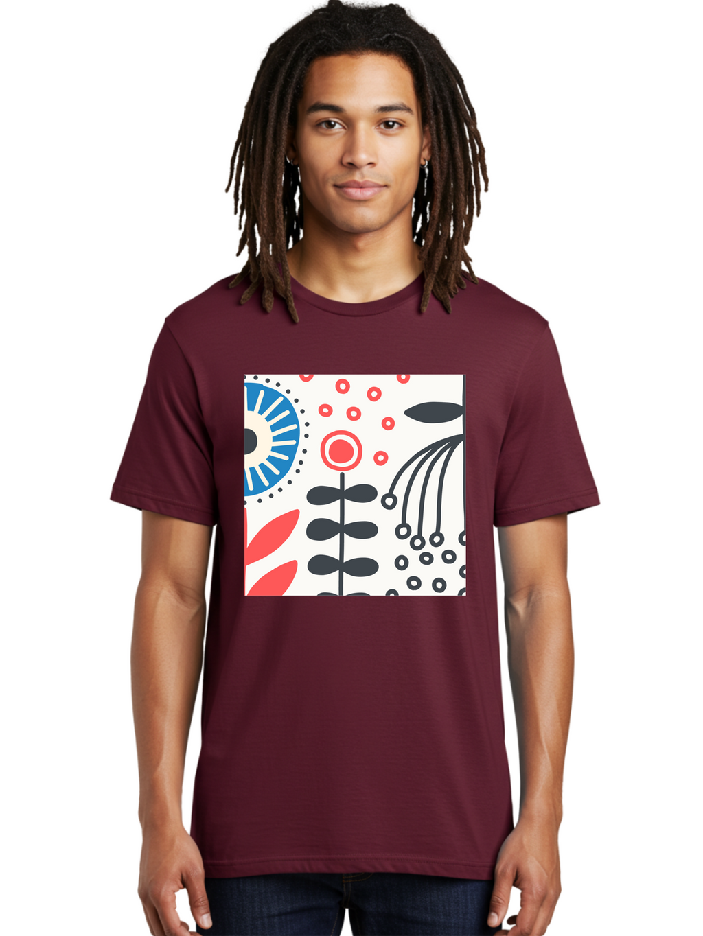 Flower-Design Men'S Graphic Tee, 100% Cotton, Comfortable Casual Summer Wear, Machine Washable, Abstract Floral Pattern, Minimalist Design, Bold Graphics, Modern Art, Floral Motifs, Red And Black Accents, Stylized Flowers, Geometric Shapes, Aab728