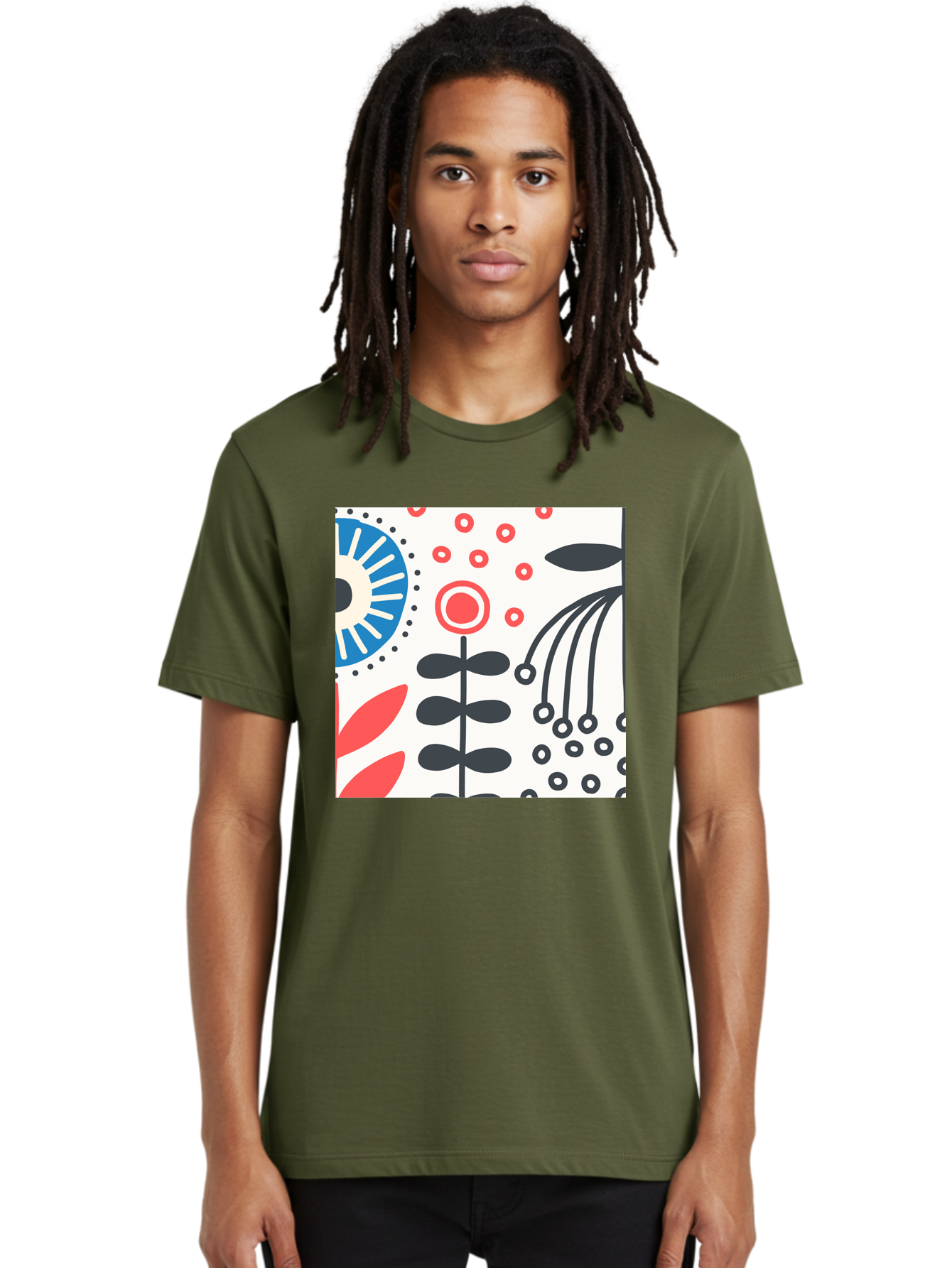 Flower-Design Men'S Graphic Tee, 100% Cotton, Comfortable Casual Summer Wear, Machine Washable, Abstract Floral Pattern, Minimalist Design, Bold Graphics, Modern Art, Floral Motifs, Red And Black Accents, Stylized Flowers, Geometric Shapes, Aab728