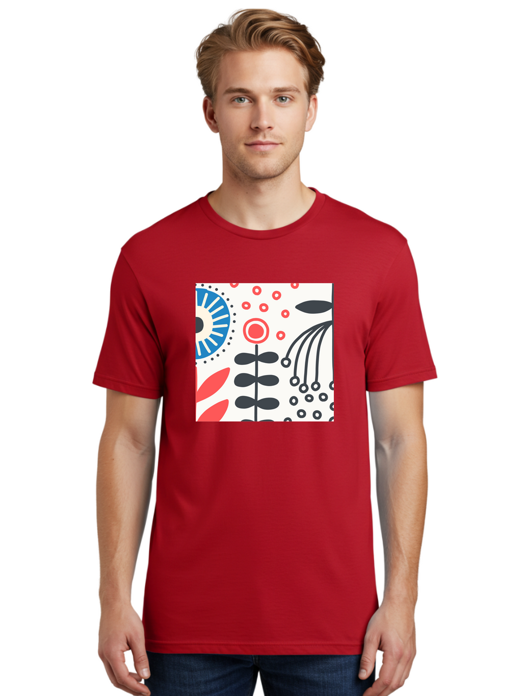 Flower-Design Men'S Graphic Tee, 100% Cotton, Comfortable Casual Summer Wear, Machine Washable, Abstract Floral Pattern, Minimalist Design, Bold Graphics, Modern Art, Floral Motifs, Red And Black Accents, Stylized Flowers, Geometric Shapes, Aab728