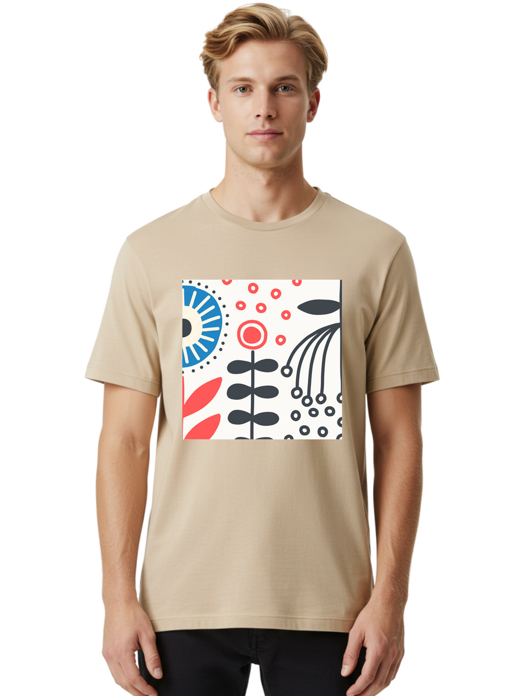 Flower-Design Men'S Graphic Tee, 100% Cotton, Comfortable Casual Summer Wear, Machine Washable, Abstract Floral Pattern, Minimalist Design, Bold Graphics, Modern Art, Floral Motifs, Red And Black Accents, Stylized Flowers, Geometric Shapes, Aab728