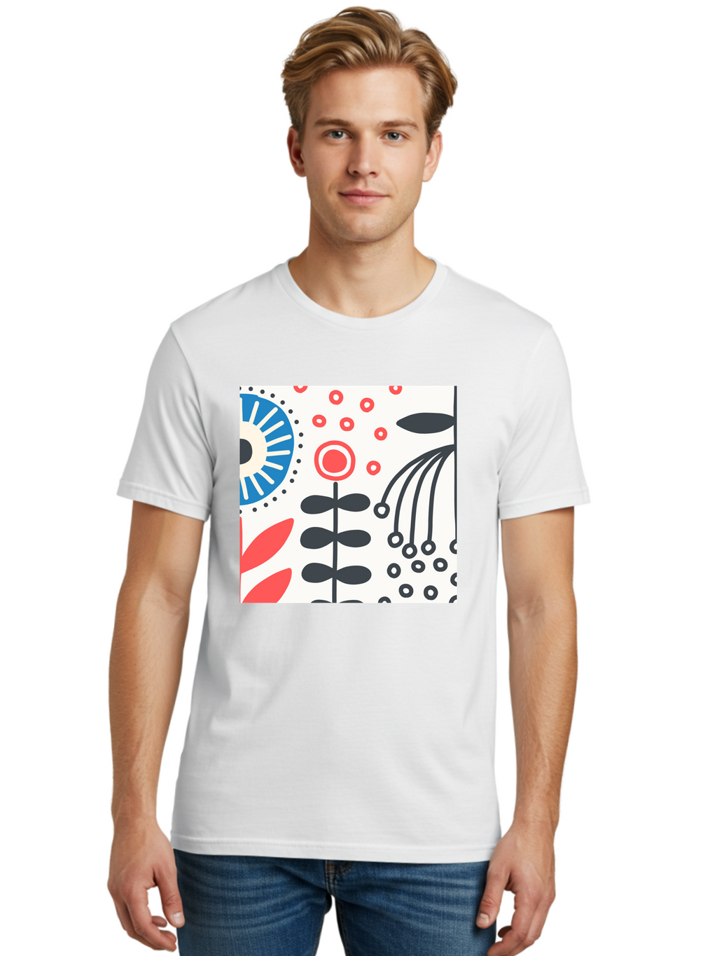 Flower-Design Men'S Graphic Tee, 100% Cotton, Comfortable Casual Summer Wear, Machine Washable, Abstract Floral Pattern, Minimalist Design, Bold Graphics, Modern Art, Floral Motifs, Red And Black Accents, Stylized Flowers, Geometric Shapes, Aab728