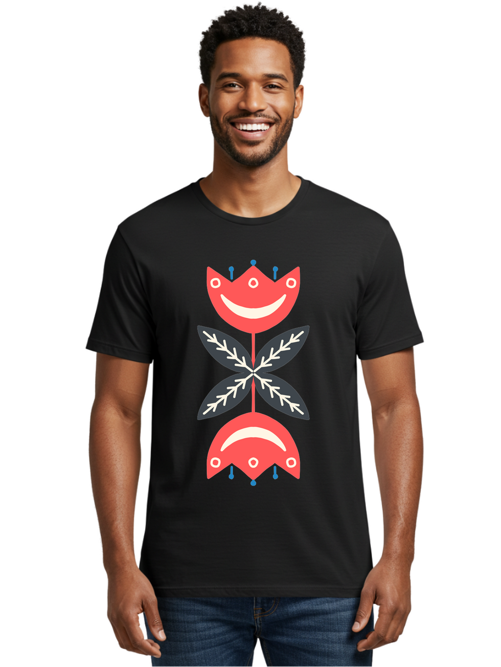 Flower-Face Men'S Graphic Tee, 100% Cotton, Comfortable Casual Summer Wear, Machine Washable, Red Smiley Faces, Playful Flowers, Cartoon Characters, Happy Emotions, Floral Designs, Whimsical Art, Cute Illustrations Aab729