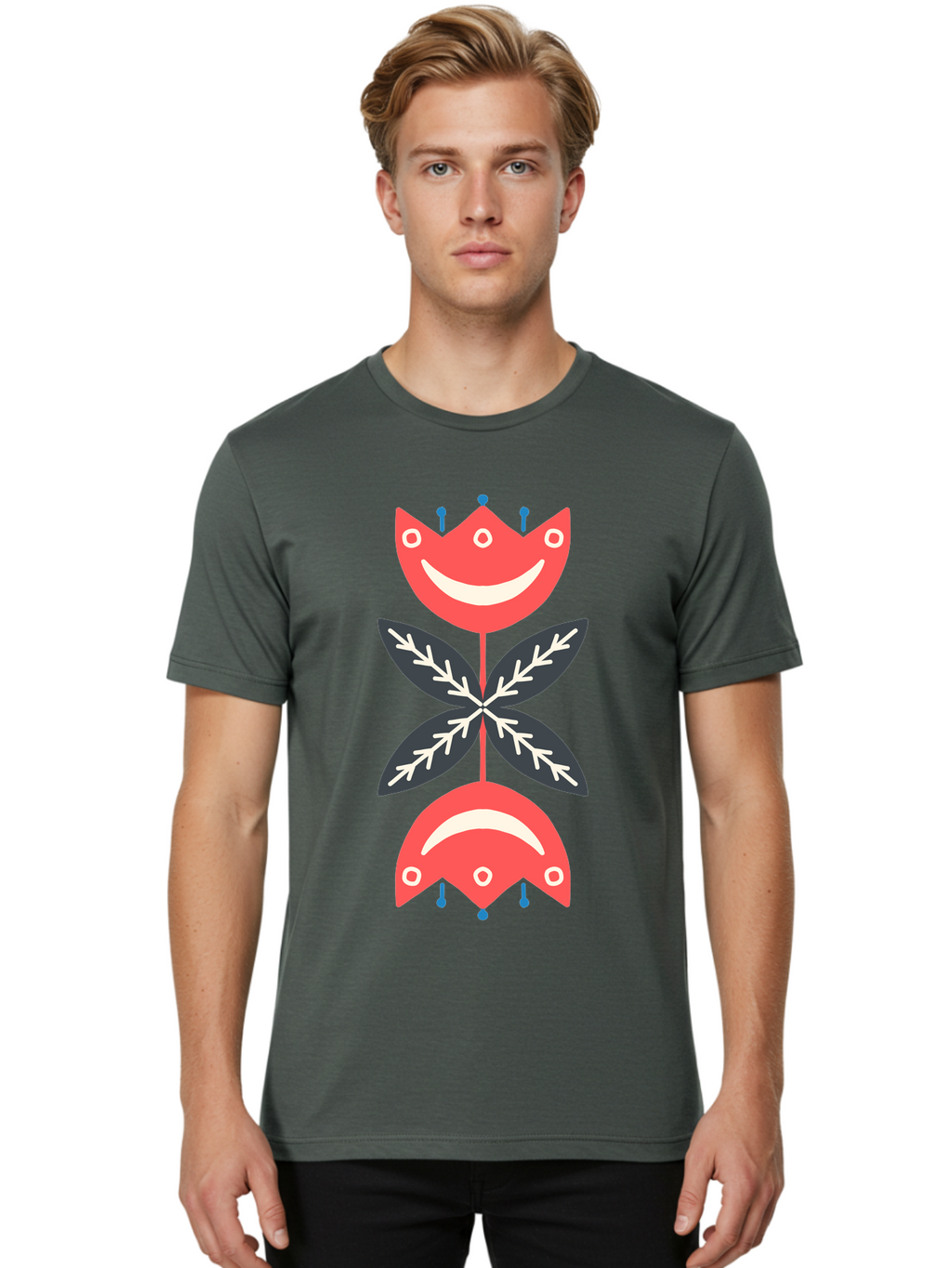Flower-Face Men'S Graphic Tee, 100% Cotton, Comfortable Casual Summer Wear, Machine Washable, Red Smiley Faces, Playful Flowers, Cartoon Characters, Happy Emotions, Floral Designs, Whimsical Art, Cute Illustrations Aab729