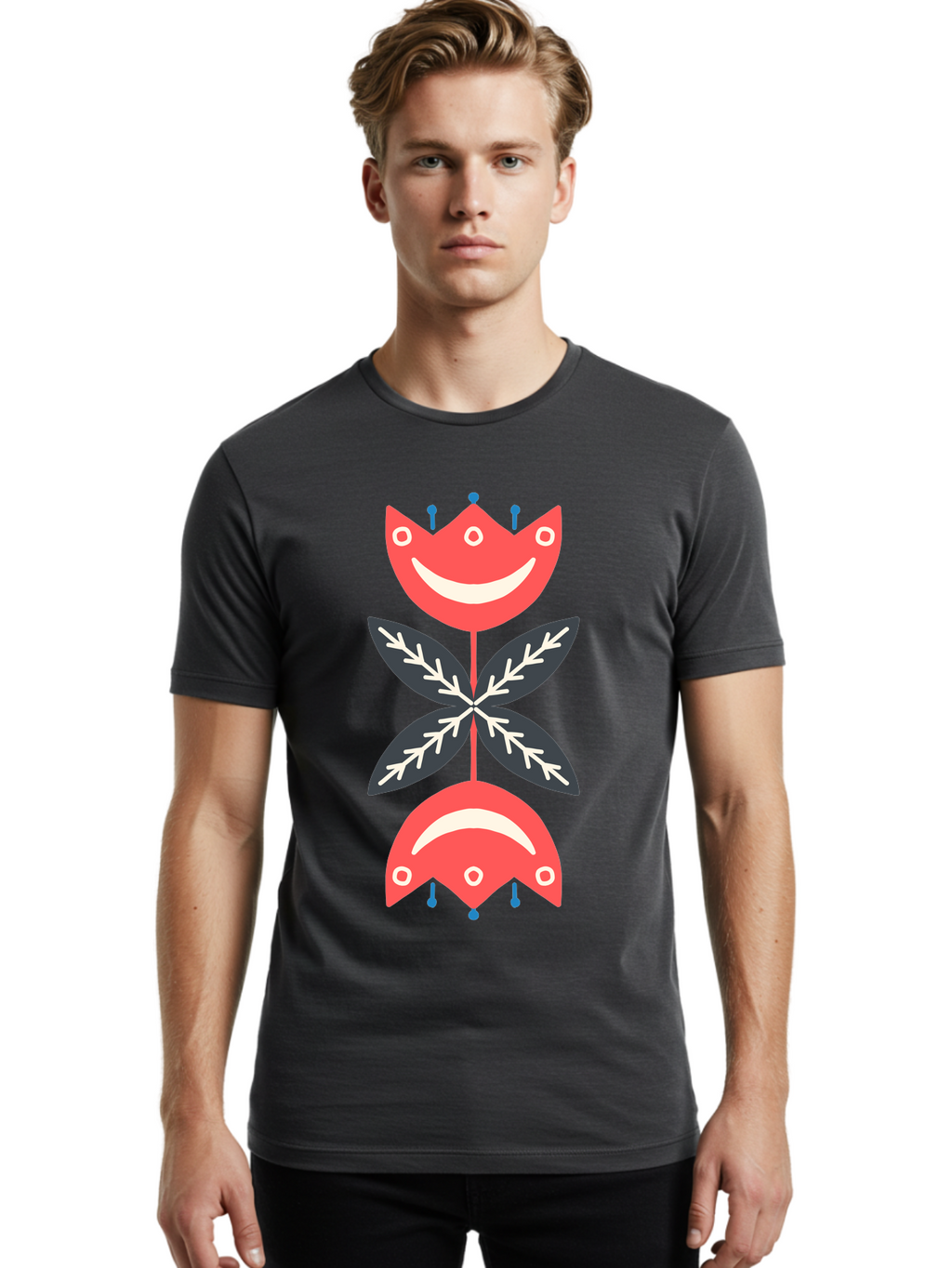 Flower-Face Men'S Graphic Tee, 100% Cotton, Comfortable Casual Summer Wear, Machine Washable, Red Smiley Faces, Playful Flowers, Cartoon Characters, Happy Emotions, Floral Designs, Whimsical Art, Cute Illustrations Aab729