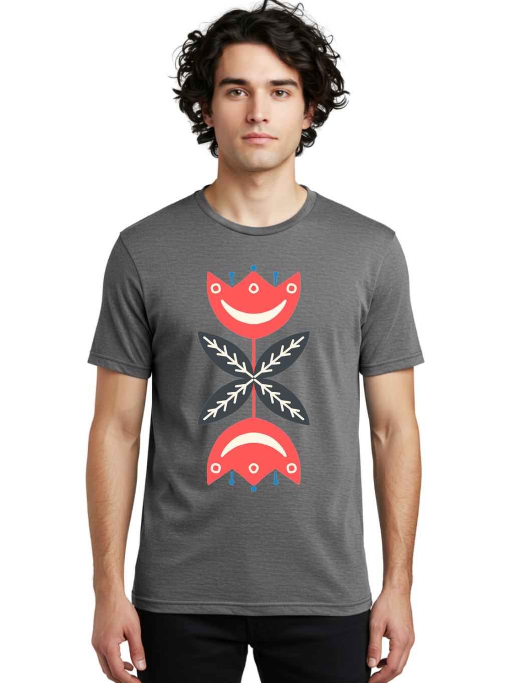 Flower-Face Men'S Graphic Tee, 100% Cotton, Comfortable Casual Summer Wear, Machine Washable, Red Smiley Faces, Playful Flowers, Cartoon Characters, Happy Emotions, Floral Designs, Whimsical Art, Cute Illustrations Aab729