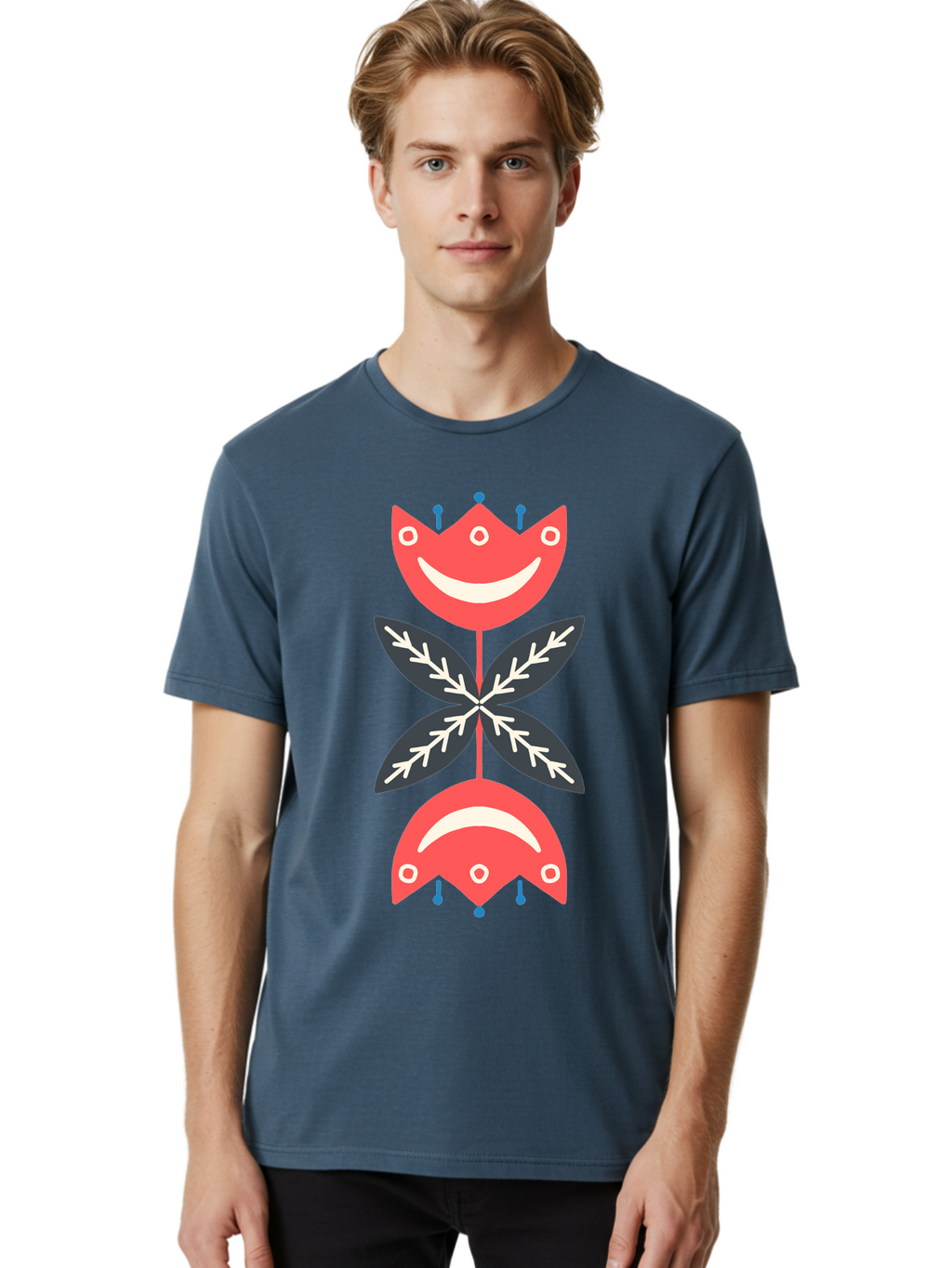 Flower-Face Men'S Graphic Tee, 100% Cotton, Comfortable Casual Summer Wear, Machine Washable, Red Smiley Faces, Playful Flowers, Cartoon Characters, Happy Emotions, Floral Designs, Whimsical Art, Cute Illustrations Aab729