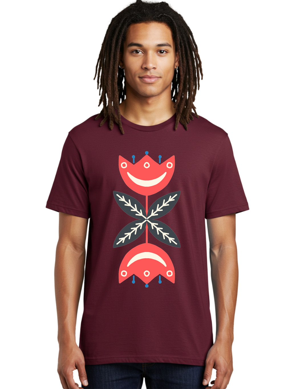 Flower-Face Men'S Graphic Tee, 100% Cotton, Comfortable Casual Summer Wear, Machine Washable, Red Smiley Faces, Playful Flowers, Cartoon Characters, Happy Emotions, Floral Designs, Whimsical Art, Cute Illustrations Aab729