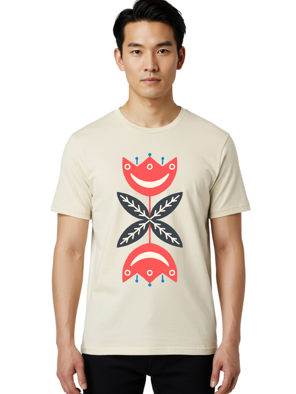 Flower-Face Men'S Graphic Tee, 100% Cotton, Comfortable Casual Summer Wear, Machine Washable, Red Smiley Faces, Playful Flowers, Cartoon Characters, Happy Emotions, Floral Designs, Whimsical Art, Cute Illustrations Aab729