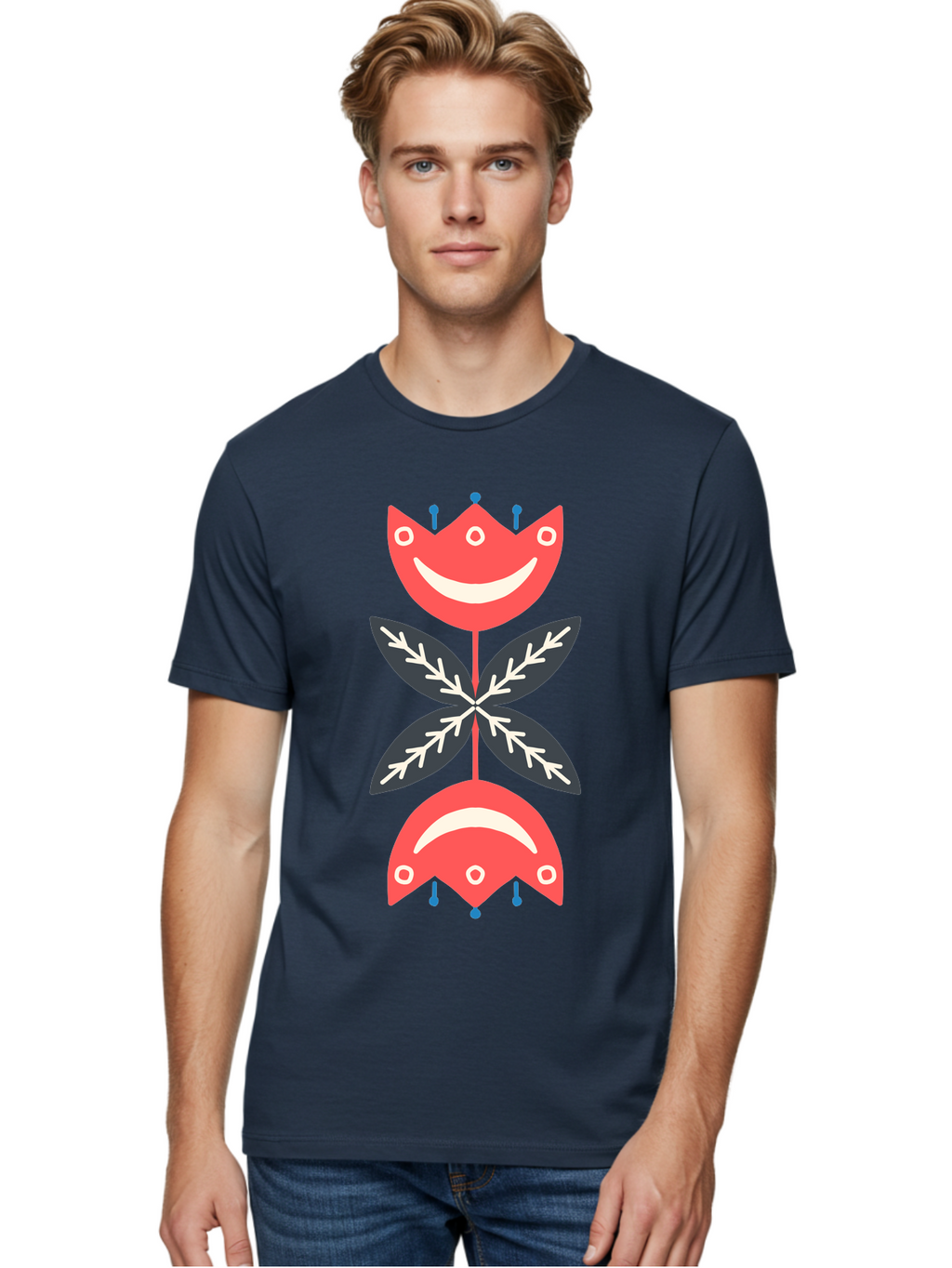 Flower-Face Men'S Graphic Tee, 100% Cotton, Comfortable Casual Summer Wear, Machine Washable, Red Smiley Faces, Playful Flowers, Cartoon Characters, Happy Emotions, Floral Designs, Whimsical Art, Cute Illustrations Aab729