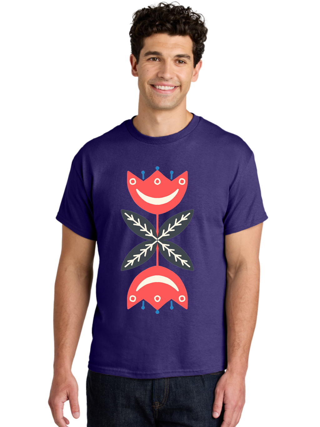 Flower-Face Men'S Graphic Tee, 100% Cotton, Comfortable Casual Summer Wear, Machine Washable, Red Smiley Faces, Playful Flowers, Cartoon Characters, Happy Emotions, Floral Designs, Whimsical Art, Cute Illustrations Aab729
