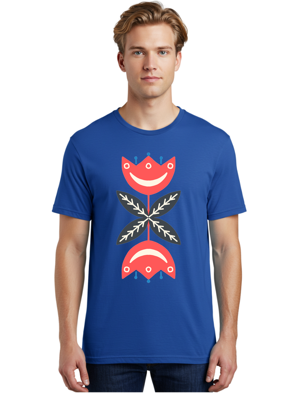 Flower-Face Men'S Graphic Tee, 100% Cotton, Comfortable Casual Summer Wear, Machine Washable, Red Smiley Faces, Playful Flowers, Cartoon Characters, Happy Emotions, Floral Designs, Whimsical Art, Cute Illustrations Aab729
